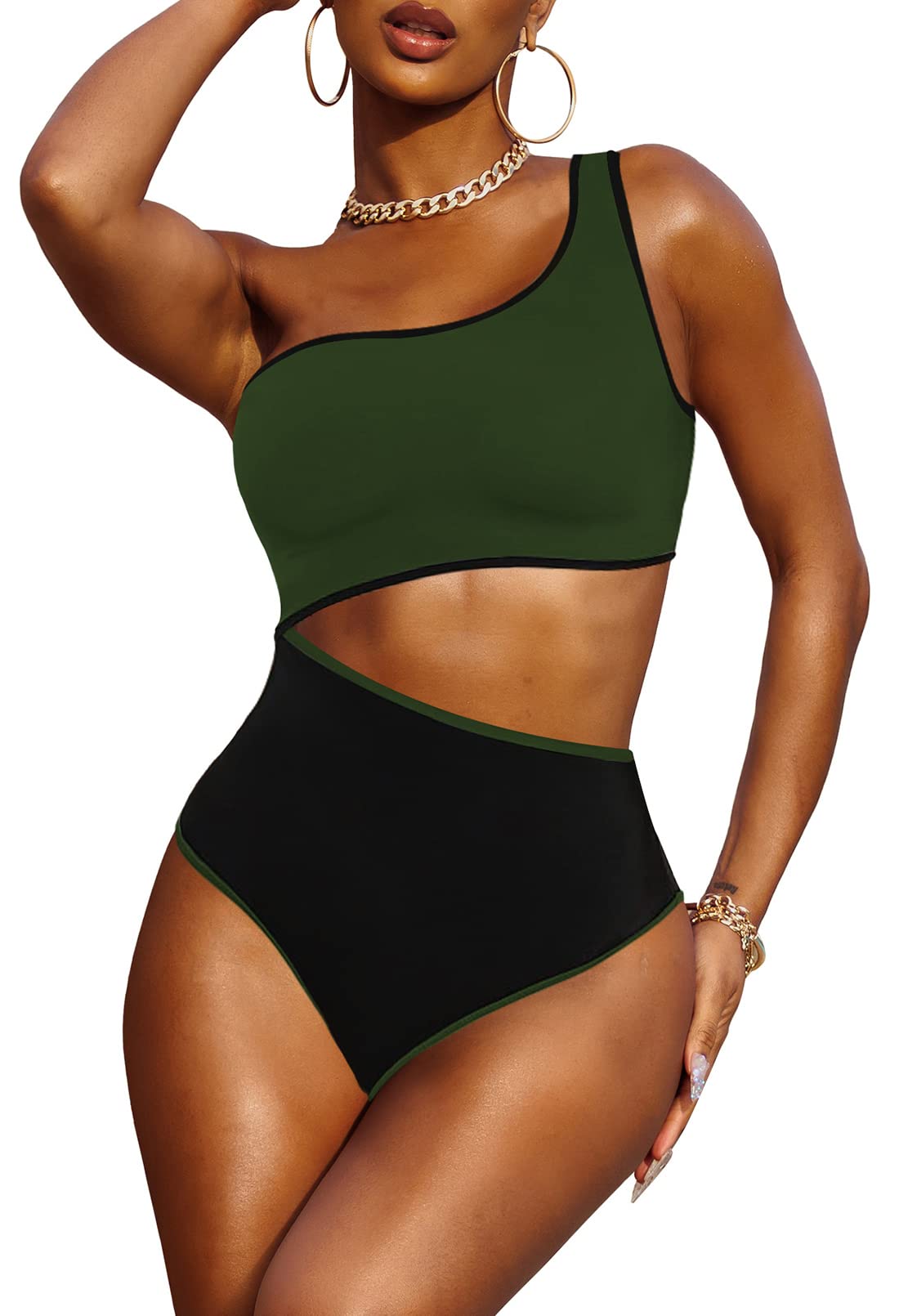 **Duigluw Women's One Shoulder Cutout Colorblock High Waist Swimwear - Sexy One Piece Bathing Suit for Beach, Pool, Vacation & Summer Fashion**