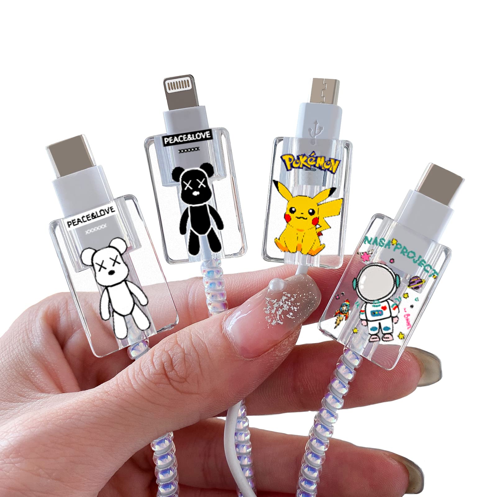 4 Pack Cute Astronaut & Teddy Bear Anime Cable Protectors for iPhone Charger - Kawaii Phone Charger Saver for Lightning Cable - Perfect for Kids, Girls & Boys - Prevent Chewing & Protect Charging Cords (Home, Office, Travel Use)