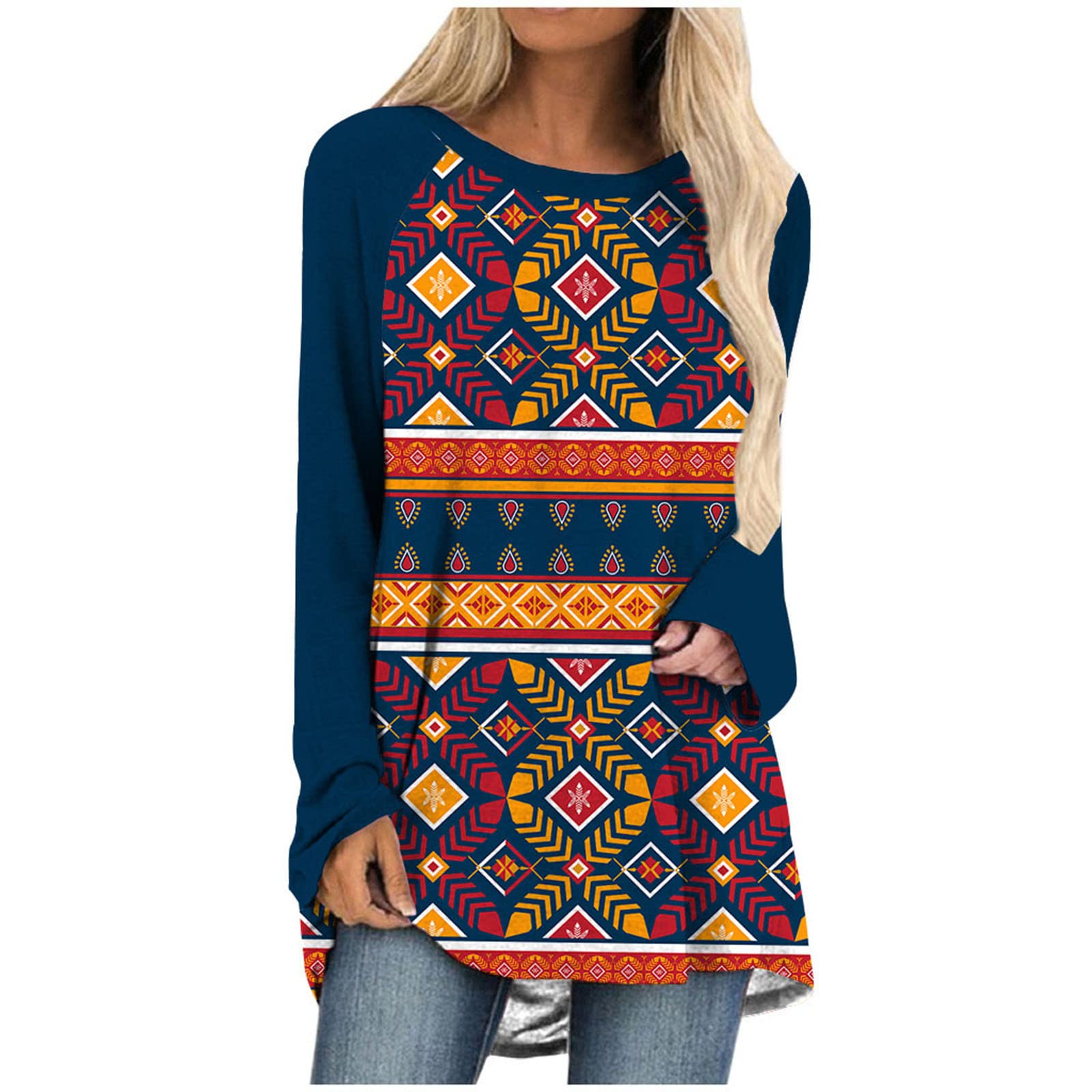 Women's Tribal Wind Printed T-Shirt - Long Sleeve Pullover Blouse for Casual Wear | Spring & Fall Fashion | Loose Fit Comfort Top for Everyday Outings & Weekend Activities