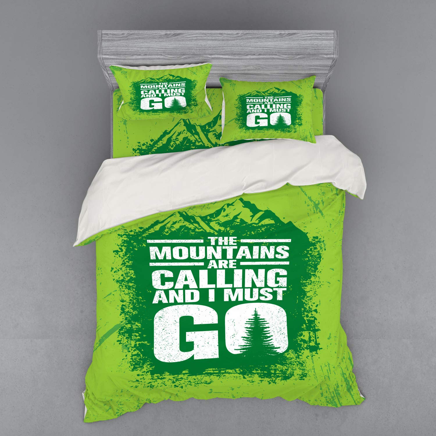 Ambesonne Adventure Bedding Set - Grungy Mountain & Retro Letter Design, 4-Piece Duvet Cover with Shams & Fitted Sheet, Queen Size in Lime Green, Fern Green & White | Perfect for Cabin Retreats, Camping Enthusiasts & Nature-Themed Bedrooms