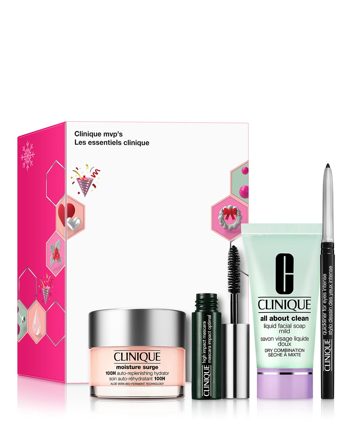 Clinique Moisture Surge Skincare & Makeup Gift Set - 100H Hydrator 30ml, Facial Soap, High Impact Mascara, Black Quickliner | Perfect Christmas & Birthday Present for Women | Ideal for Dry Skin Care & Daily Makeup Routine