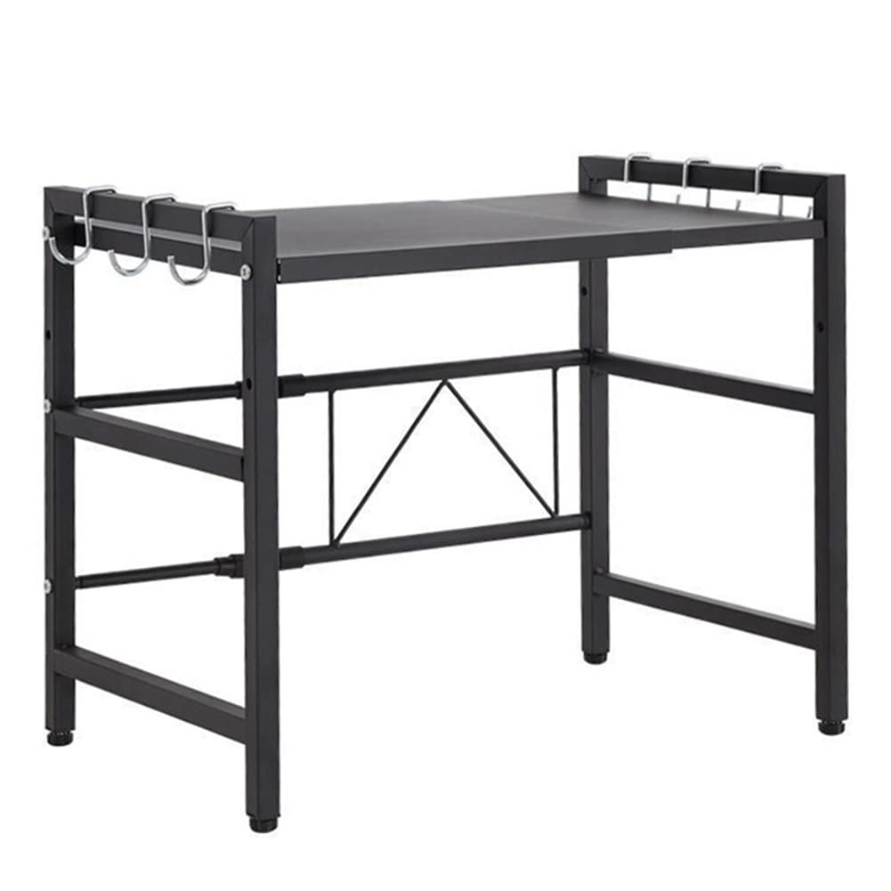 Expandable Microwave Oven Rack - Adjustable Metal Storage Shelf with Pull-Out Wire Basket & 6 Hooks - Space Saving Kitchen Organizer for Utensils, Towels, Spices - Perfect for Small Kitchens, Dorm Rooms & RV Cooking Spaces