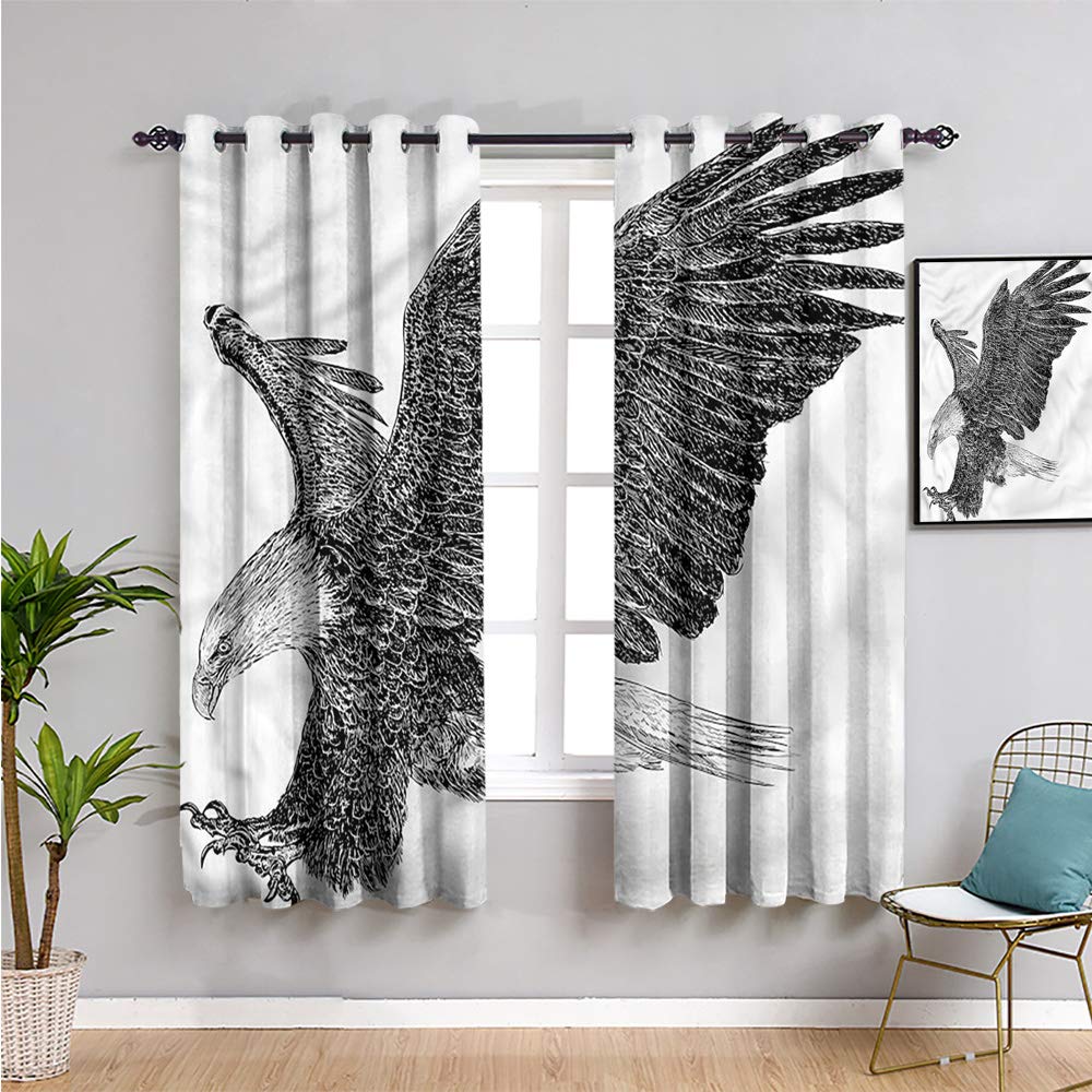Bald Eagle Sketch Window Curtain 84 Inch Length - W108 x L84 Inch Bathroom & Living Room Blackout Curtain for Home Decor
