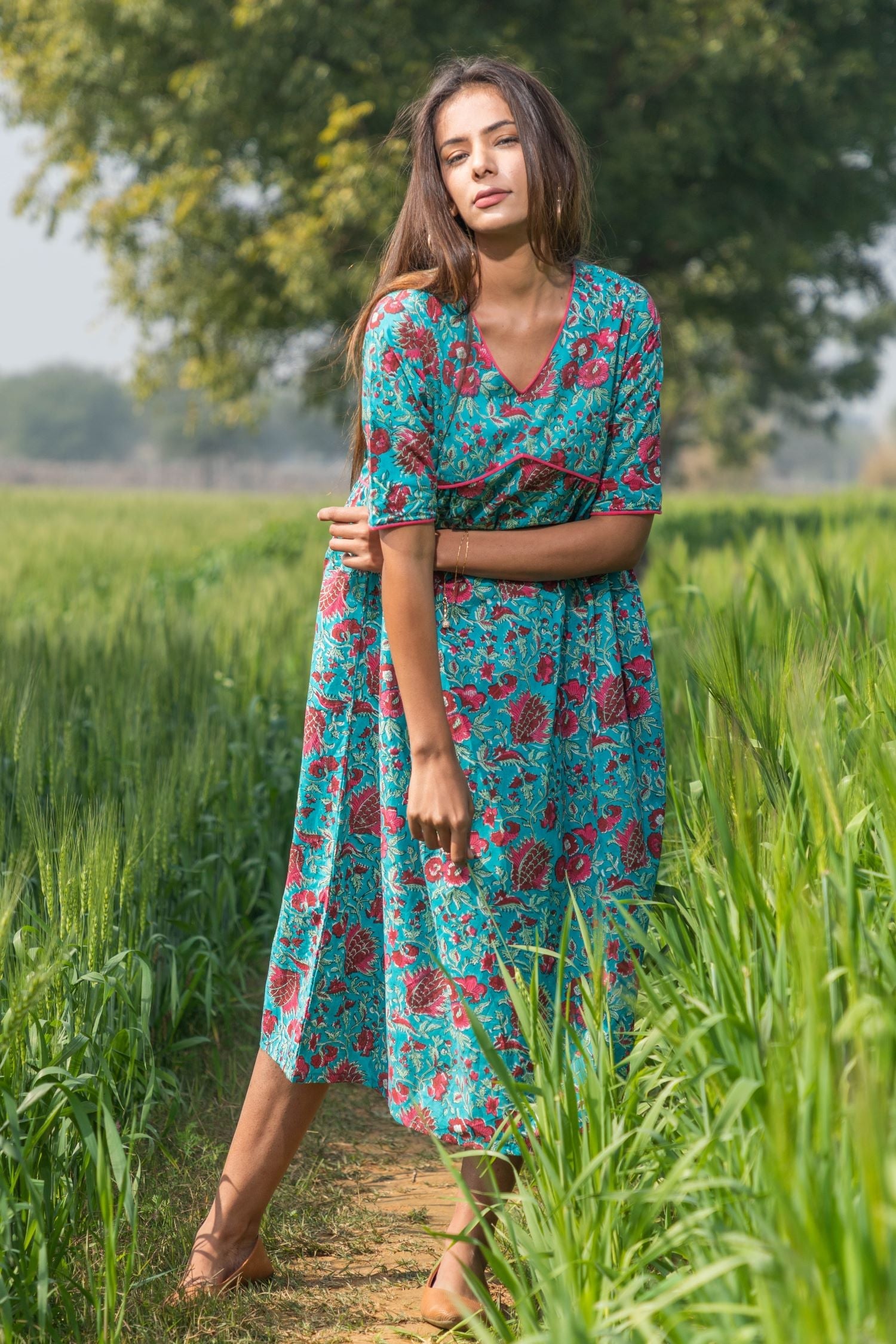 Misty Blush Handblock Printed 100% Pure Cotton Dress | Azofree & Breathable | Perfect for Summer Outfits, Beach Vacations & Boho Fashion