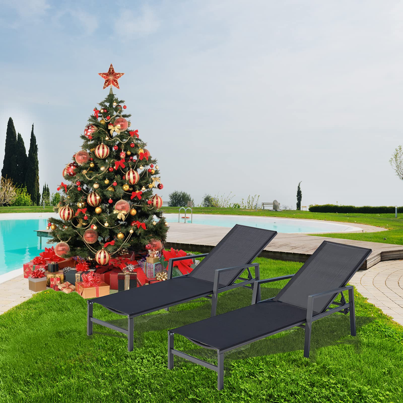 2-Piece Outdoor Patio Lounge Chair Set - Adjustable Aluminum Chaise Lounge with 5 Backrest Positions - Perfect for Backyard, Balcony, Poolside & Beach Relaxation (Black)