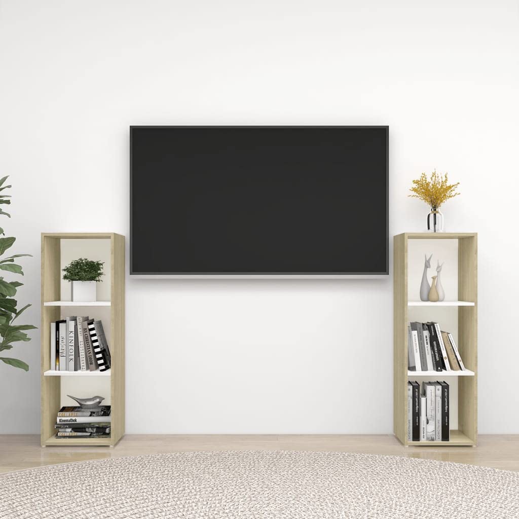 Wall Mounted TV Storage Cabinet Set - 2 Piece Floating Shelves with 6 Compartments, Media Organizer for Living Room & Bedroom (Brown & White) - Perfect for Small Spaces & Home Entertainment Systems
