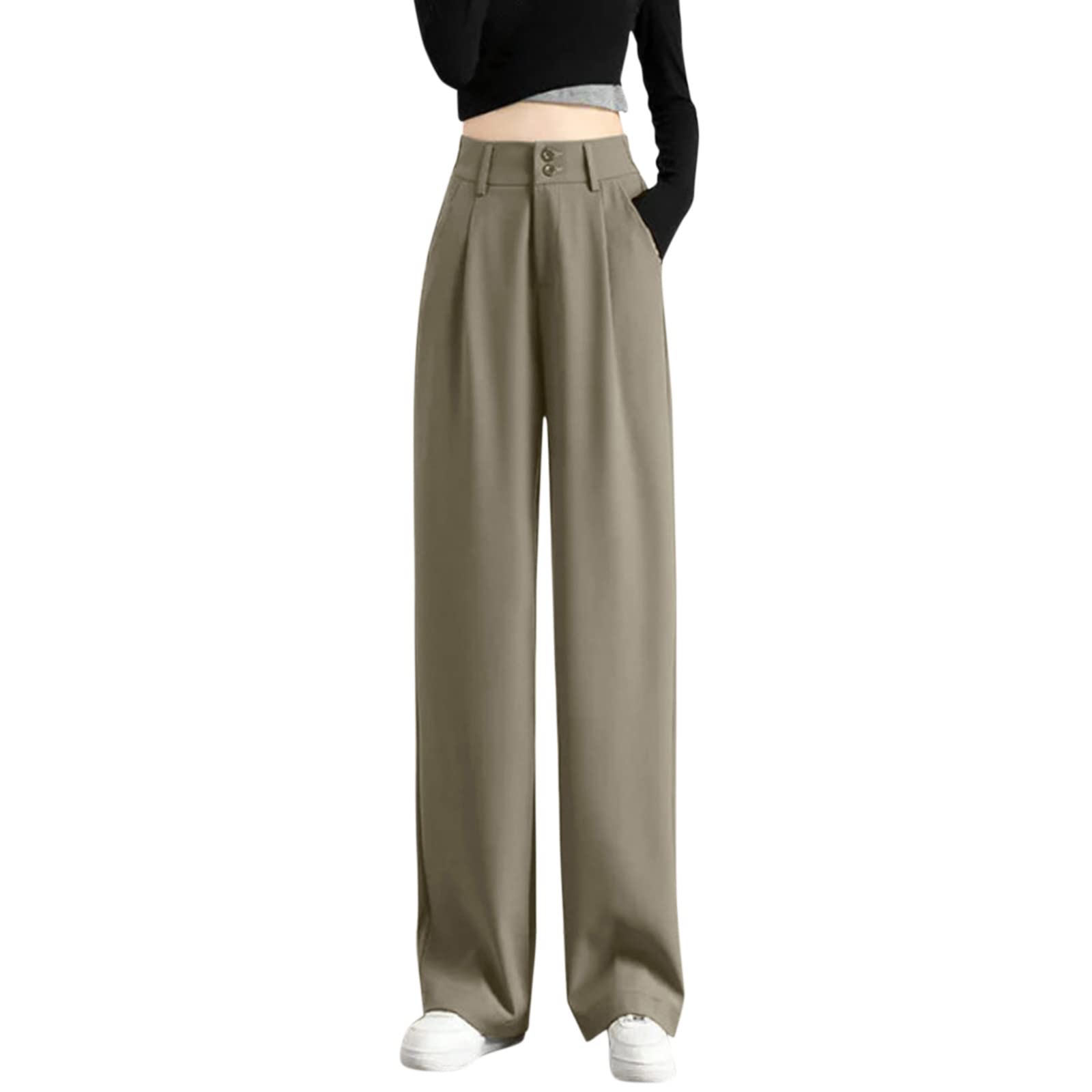 Women's High Waisted Wide Leg Pants - Stretchy Elastic Back Waistband Business Casual Trousers with Drawstring | Office Work, Travel & Everyday Wear