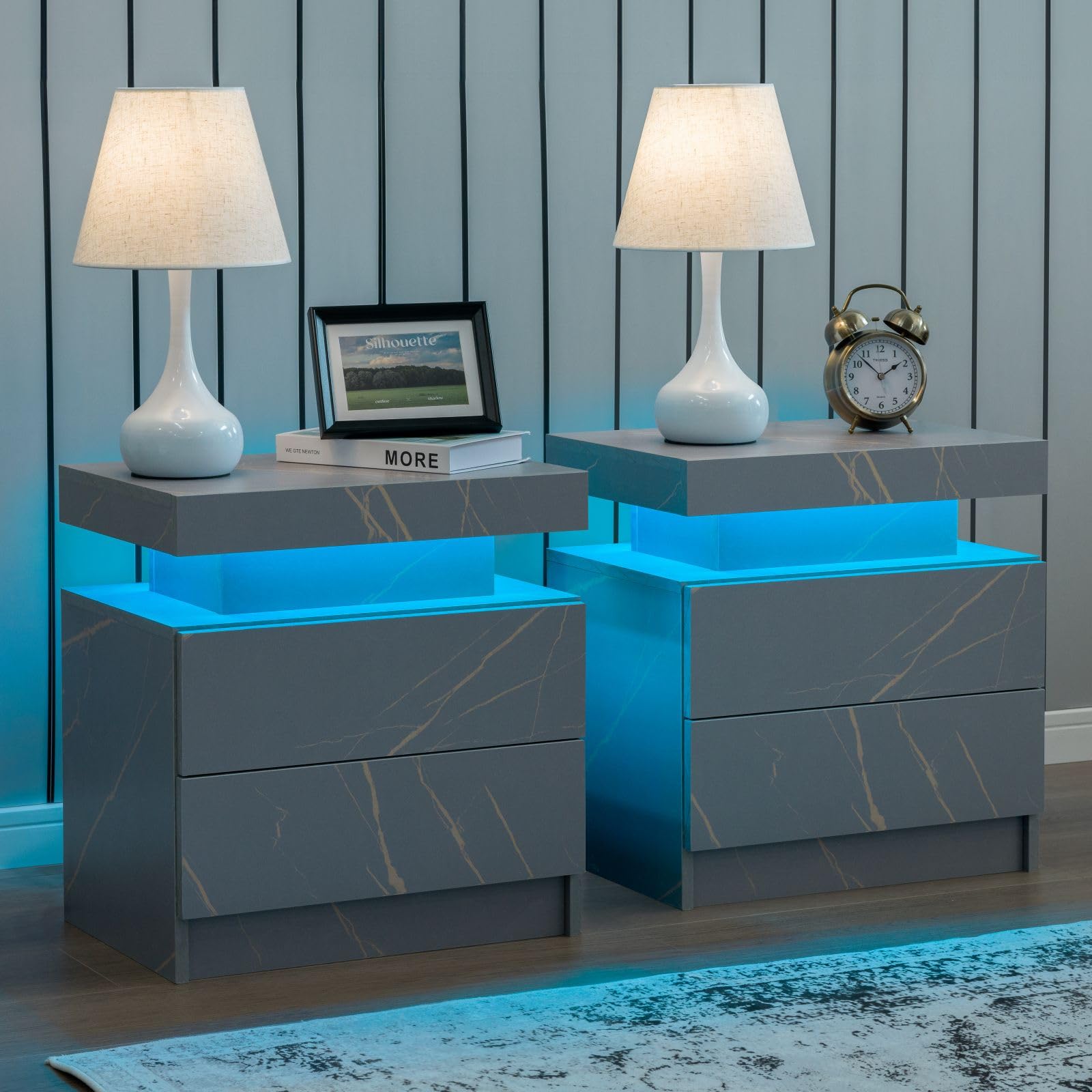 2 Drawer LED Nightstand Set of 2 - Modern Bedside Table with Soft Glow Lighting for Bedroom, Living Room or Dorm - Wooden End Table with Storage Space & USB Charging Ports