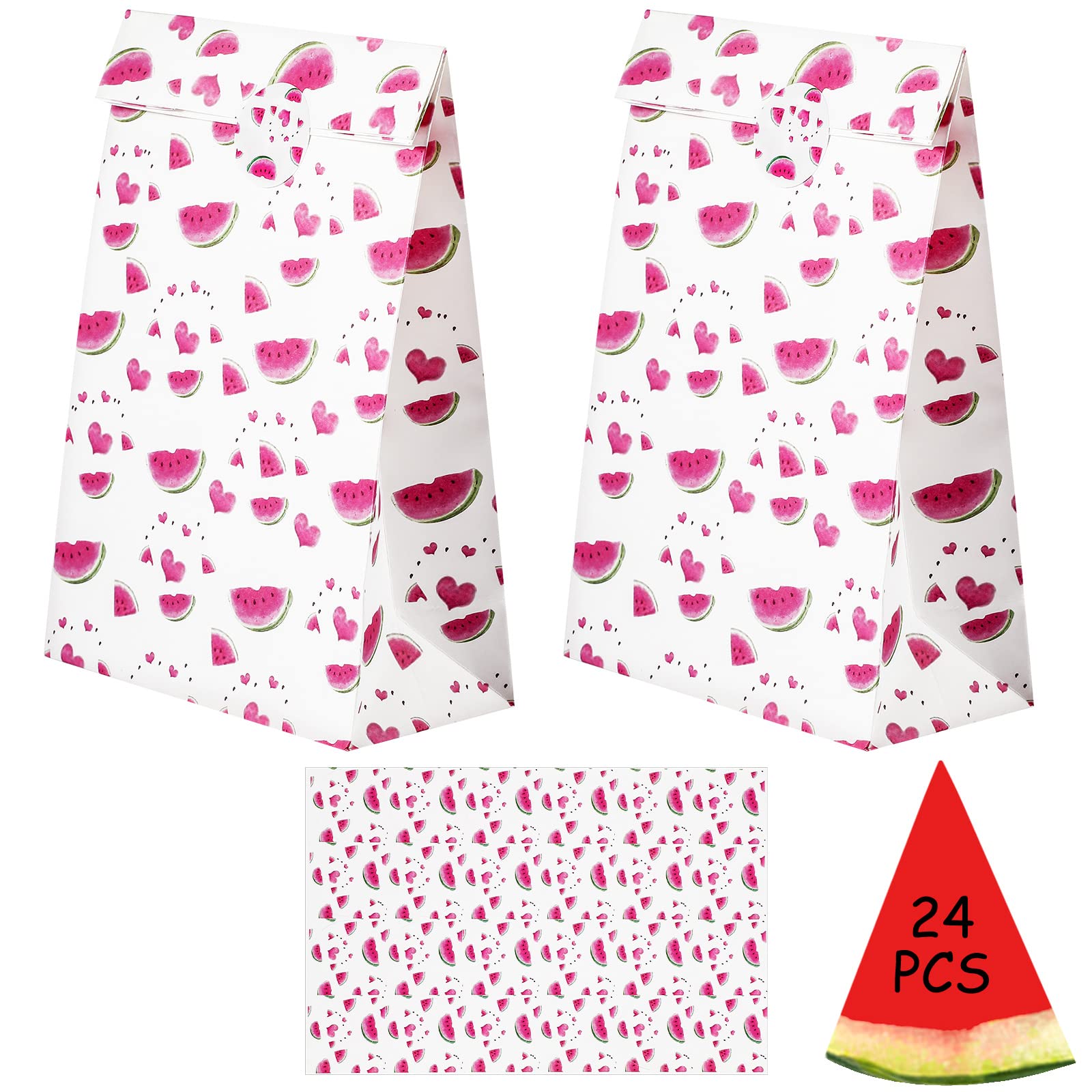 24 Pcs Watermelon Goodie Bags with Stickers - Summer Party Favors, Candy Bags, Birthday Party Supplies & Decorations for Kids, Baby Showers, Pool Parties & Picnics