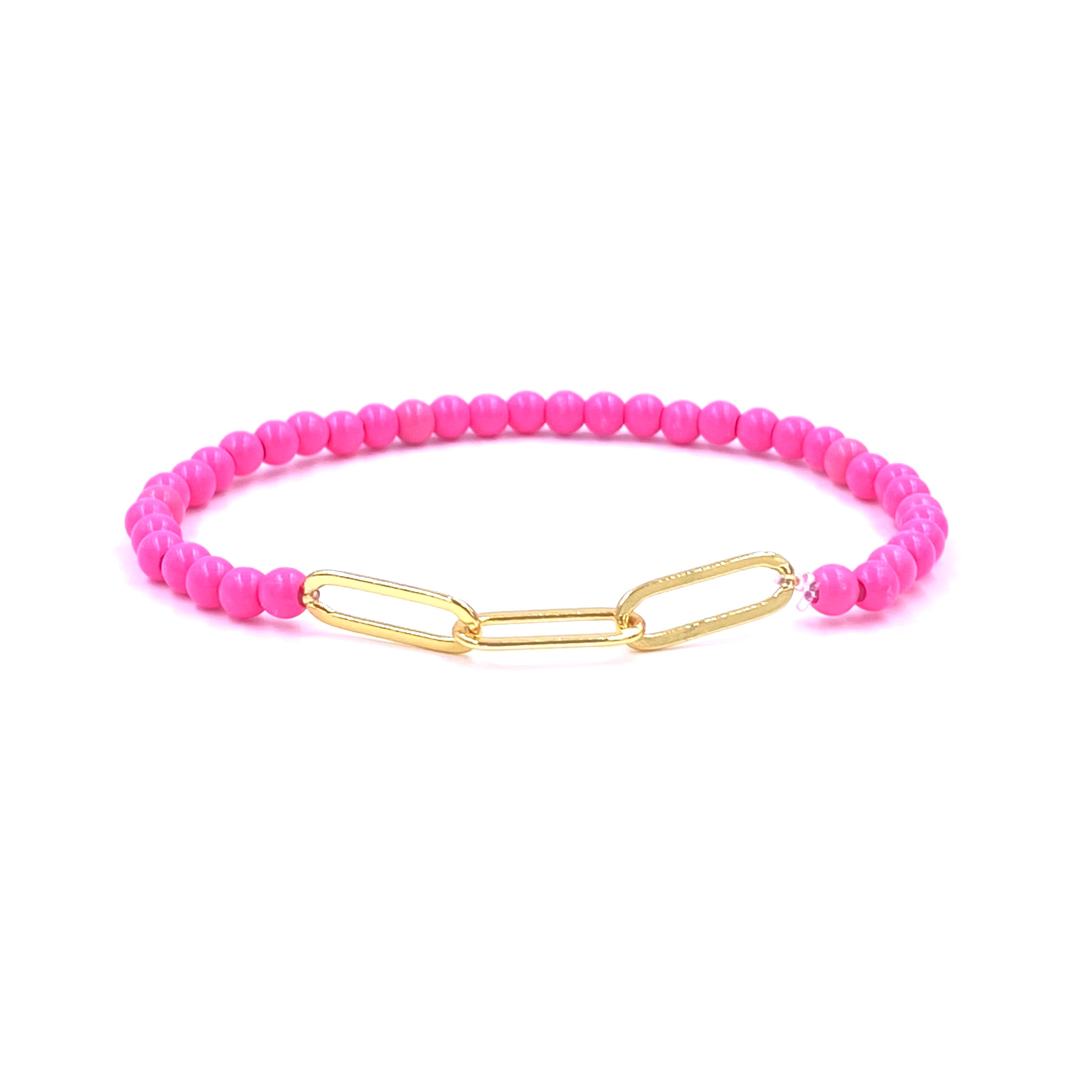 Ashley Gold Stainless Steel Gold Plated Pink Enamel Link Chain Stretch Beaded Bracelet for Women - Elegant Fashion Jewelry Gift for Birthday, Anniversary & Special Occasions