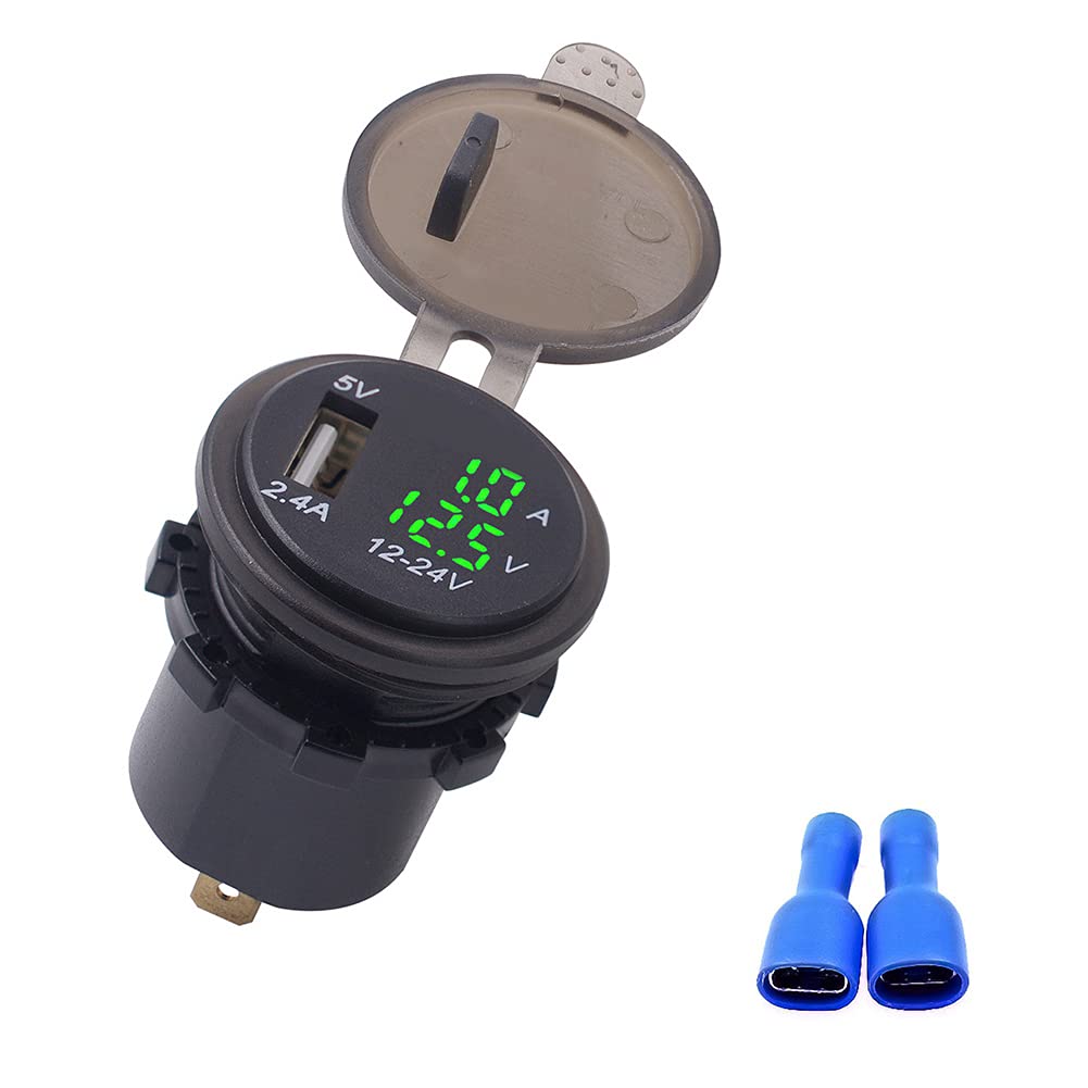 Aramox 3-in-1 Digital Car USB Charger with LED Thermometer & Voltmeter - 12V/24V 2.1A Fast Charging, Waterproof Design (Green) - Perfect for Road Trips, Camping & Daily Commute
