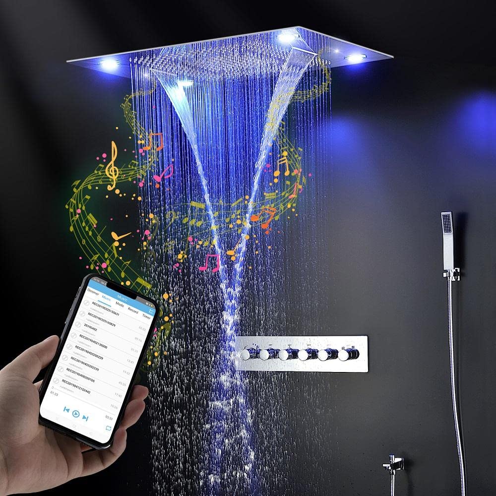 Cascada 23”x31” Recessed LED Shower System with Built-in Speakers, 4 Functions (Waterfall, Rainfall, Rain Curtain, SPA Mist), Remote Control LED Lights, Polished Stainless Steel – Perfect for Modern Bathrooms and Spa-Like Retreats