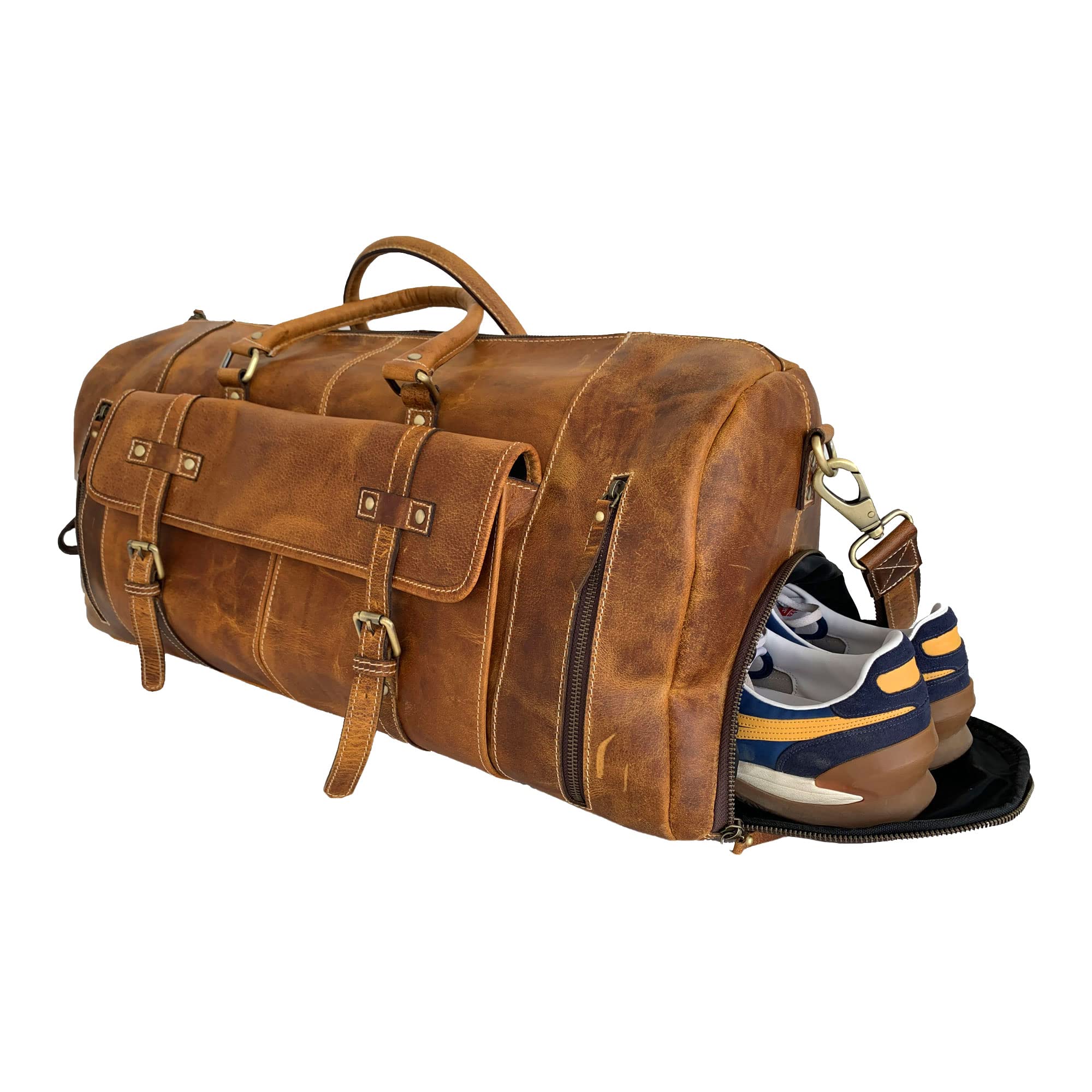 Premium Full Grain Leather Duffel Bag for Men & Women - 24 Inch Large Capacity Travel, Gym & Weekend Overnight Bag (Tan) - Durable Carryall for Business Trips, Sports & Vacation Luggage