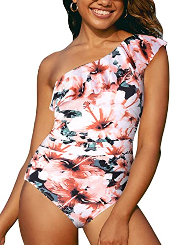 Hilor Women's One Shoulder Asymmetric Ruffle Monokini Swimwear - Sexy One Piece Bathing Suit for Beach, Pool & Summer Vacation