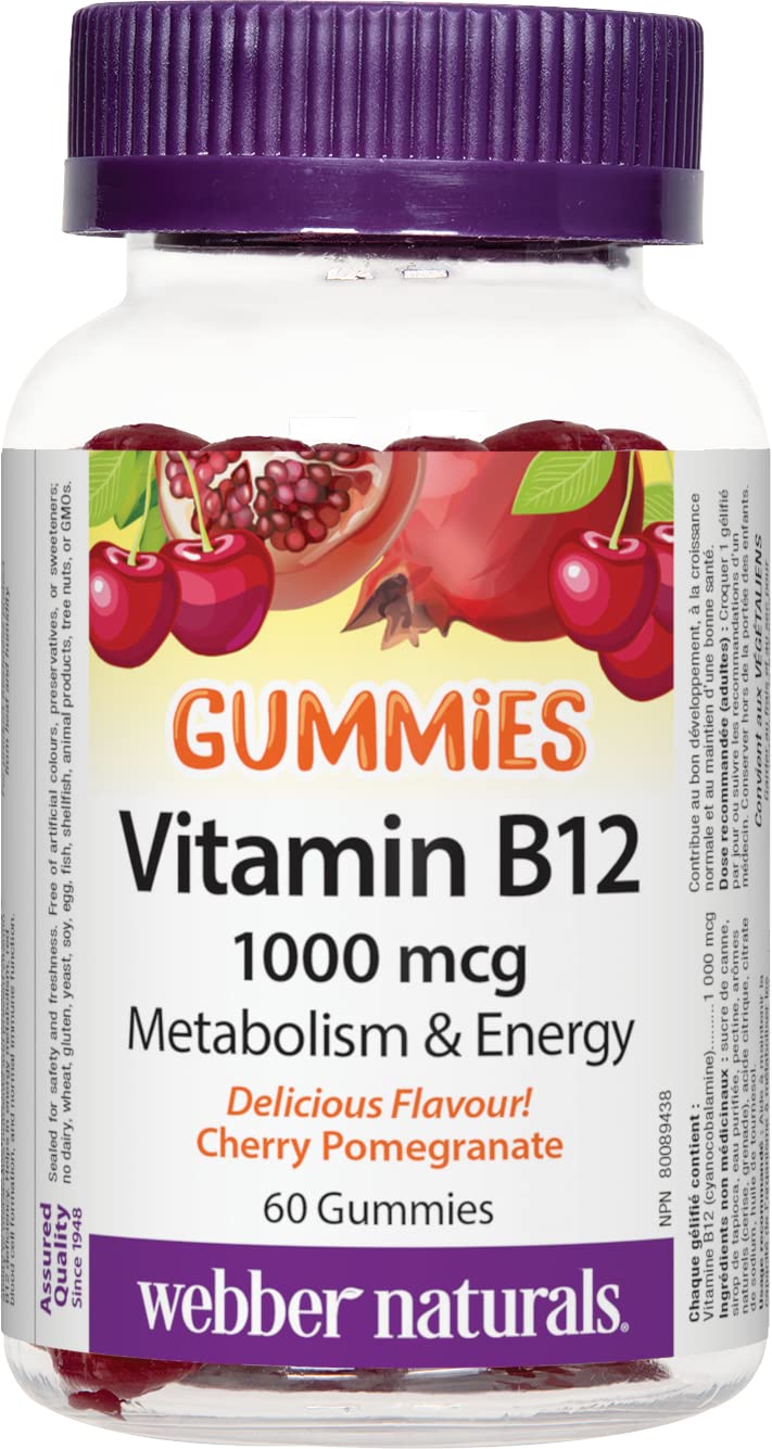 Webber Naturals Vitamin B12 Gummies 1000 mcg - Cherry Pomegranate Flavor, 60 Count | Energy & Immune Support Supplement for Adults | Perfect for Busy Lifestyles & Vegan Diets