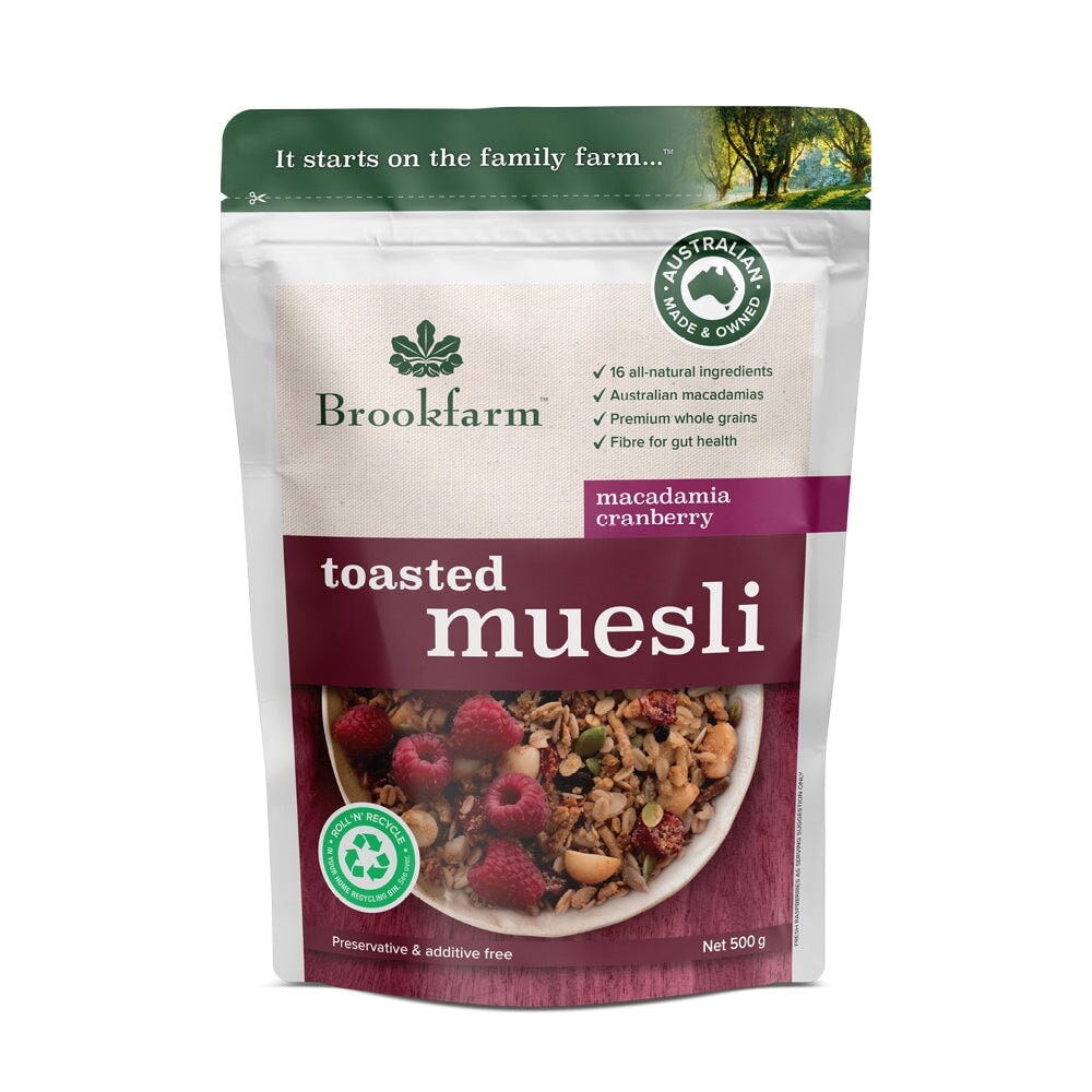 Brookfarm Toasted Macadamia Muesli with Cranberry - Premium Breakfast Cereal with Nuts & Dried Fruits - Perfect for Healthy Morning Meals & Snacks