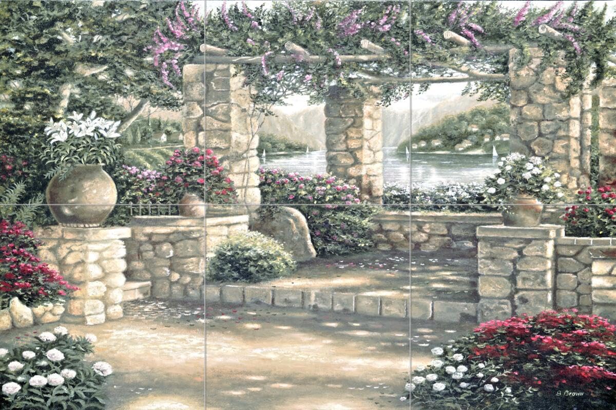 Villa Venuto Ceramic Backsplash Tile Mural - Beautiful Garden Landscape Design for Kitchen, Bathroom & Shower Walls - Waterproof & Easy to Clean - Perfect for Home Renovation & Interior Decoration