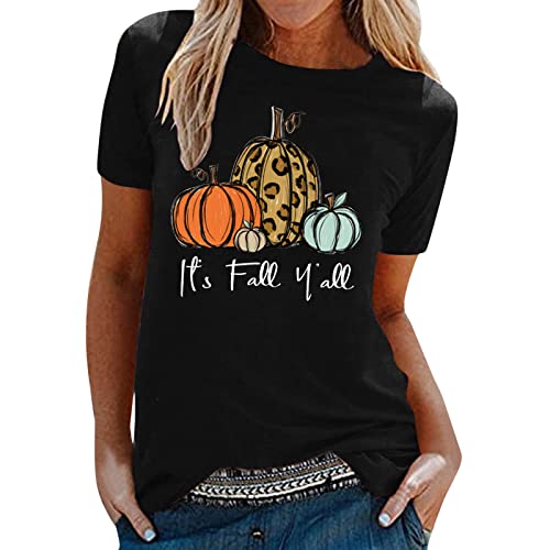Women's Casual Fall Printed Short Sleeve Blouse - Round Neck Loose Fit Tunic Tee Shirt for Running & Everyday Wear (Black, Size L) - Perfect for Workout, Yoga, and Daily Outfits