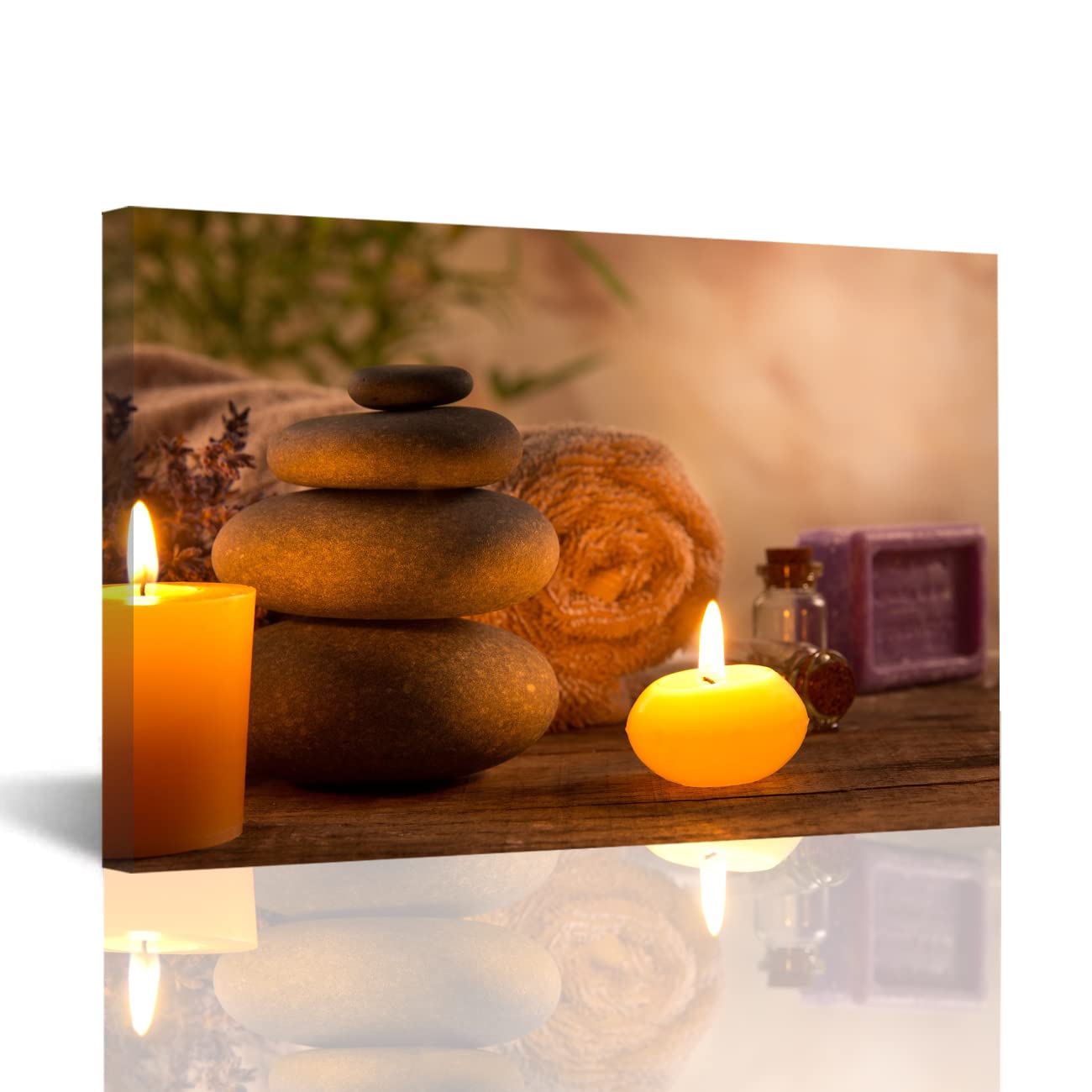 Zen Spa Yoga Wall Art - Aromatic Candles & Zen Stones Meditation Canvas Painting - Nature Wilderness Decor for Bathroom, Bedroom or Office - Framed Ready to Hang 28