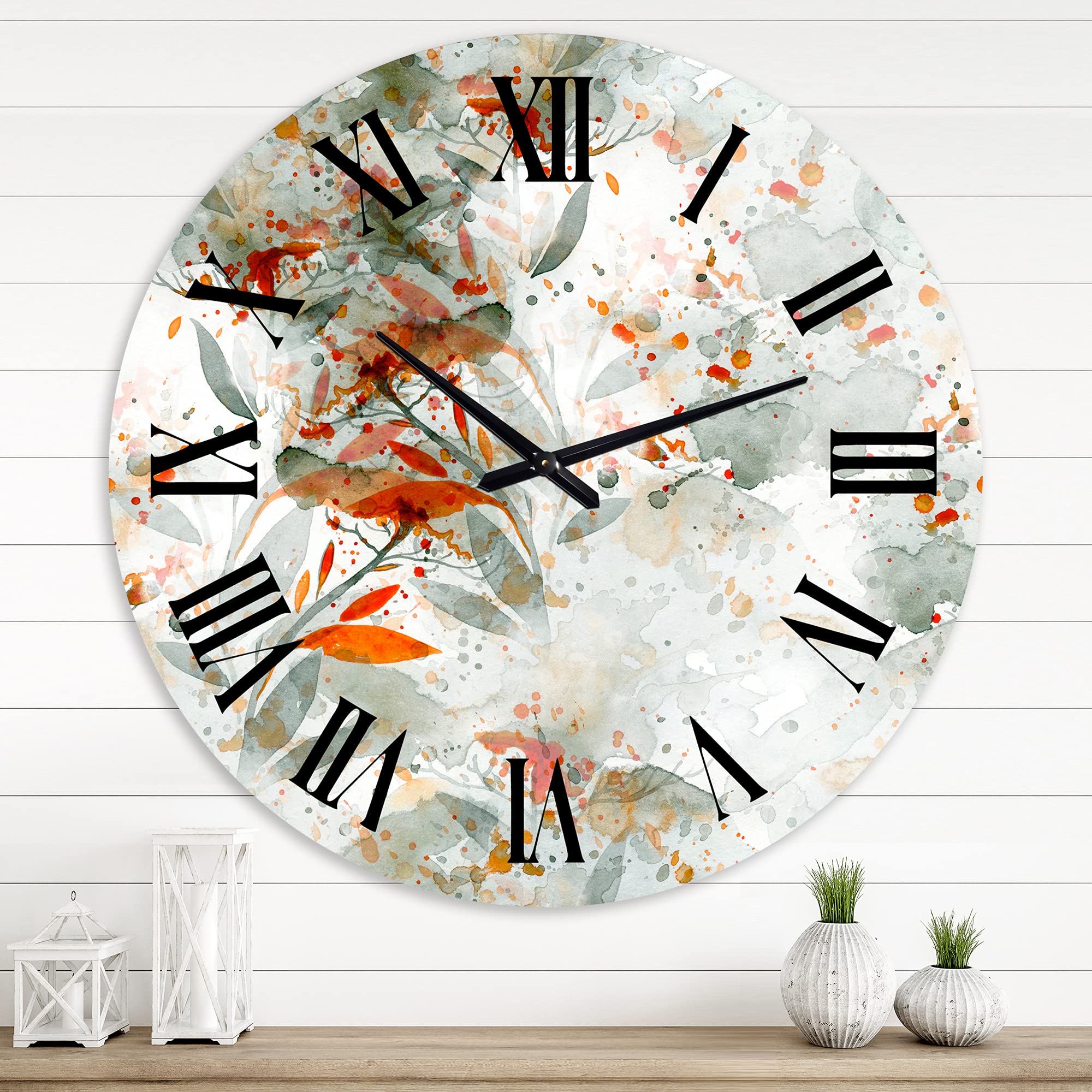 DesignQ Modern Wall Clock - Green and Orange Wildflowers II Floral Botanical Large Wall Clock for Living Room, Bedroom, Office Decor | Perfect for Home, Office & Gift Giving