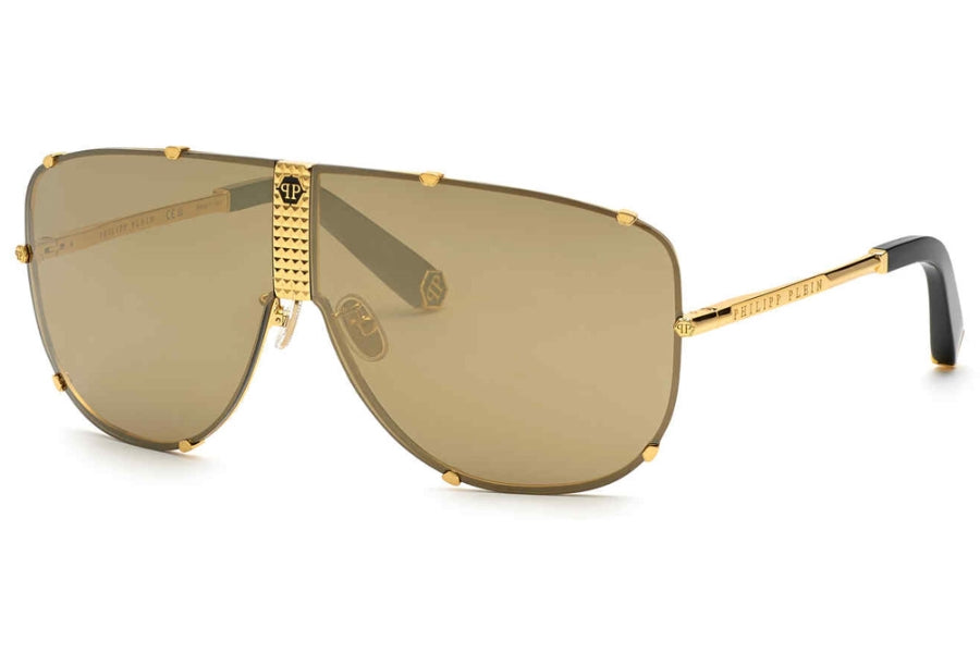 Philipp Plein SPP075M Oversized Gold Mirror Sunglasses for Men & Women - Trendy UV Protection Shades for Outdoor, Beach, and Fashion