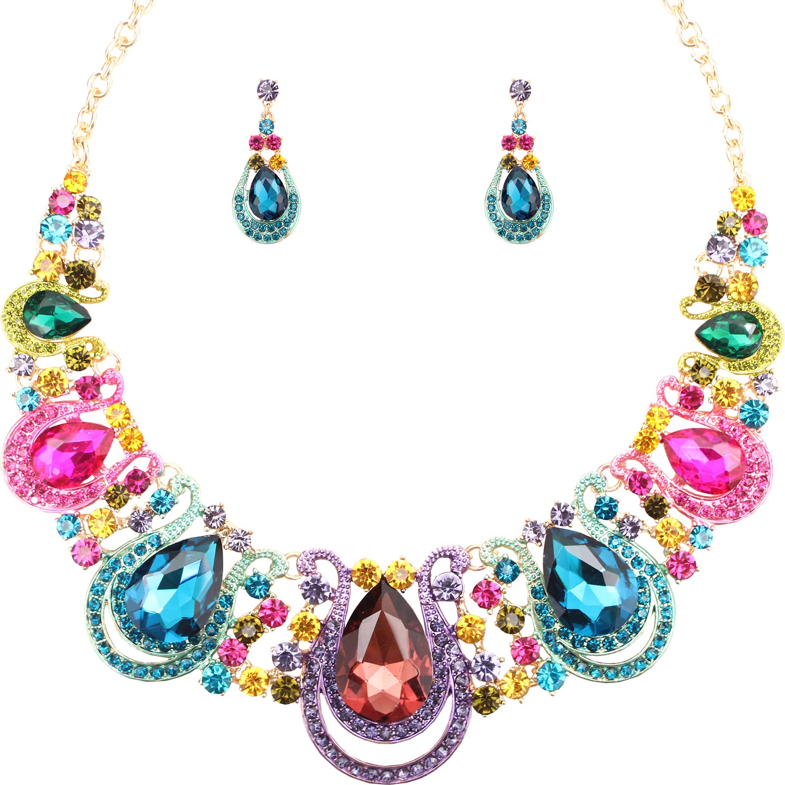 Elegant Rhinestone Crystal Teardrop Necklace and Dangle Earrings Set for Women - Fashion Statement Jewelry Gift for Her | Perfect for Parties, Weddings, and Special Occasions
