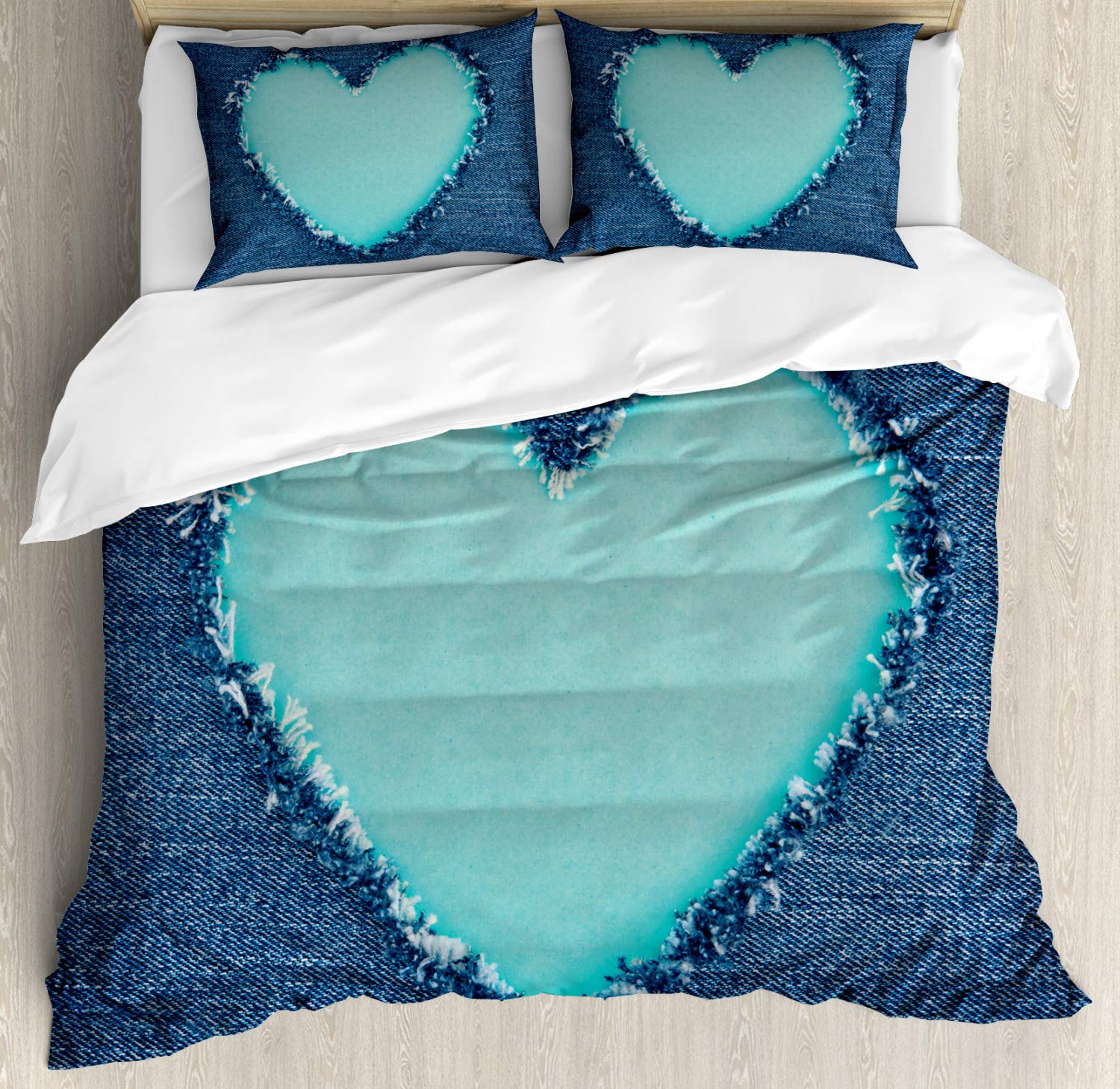 Ambesonne Navy and Teal Duvet Cover Set - King Size 3 Piece Bedding with 2 Pillow Shams, Romantic Ripped Heart Design for Valentine's Day, Navy Blue and Seafoam - Perfect for Couples' Bedroom Decor and Anniversary Gifts