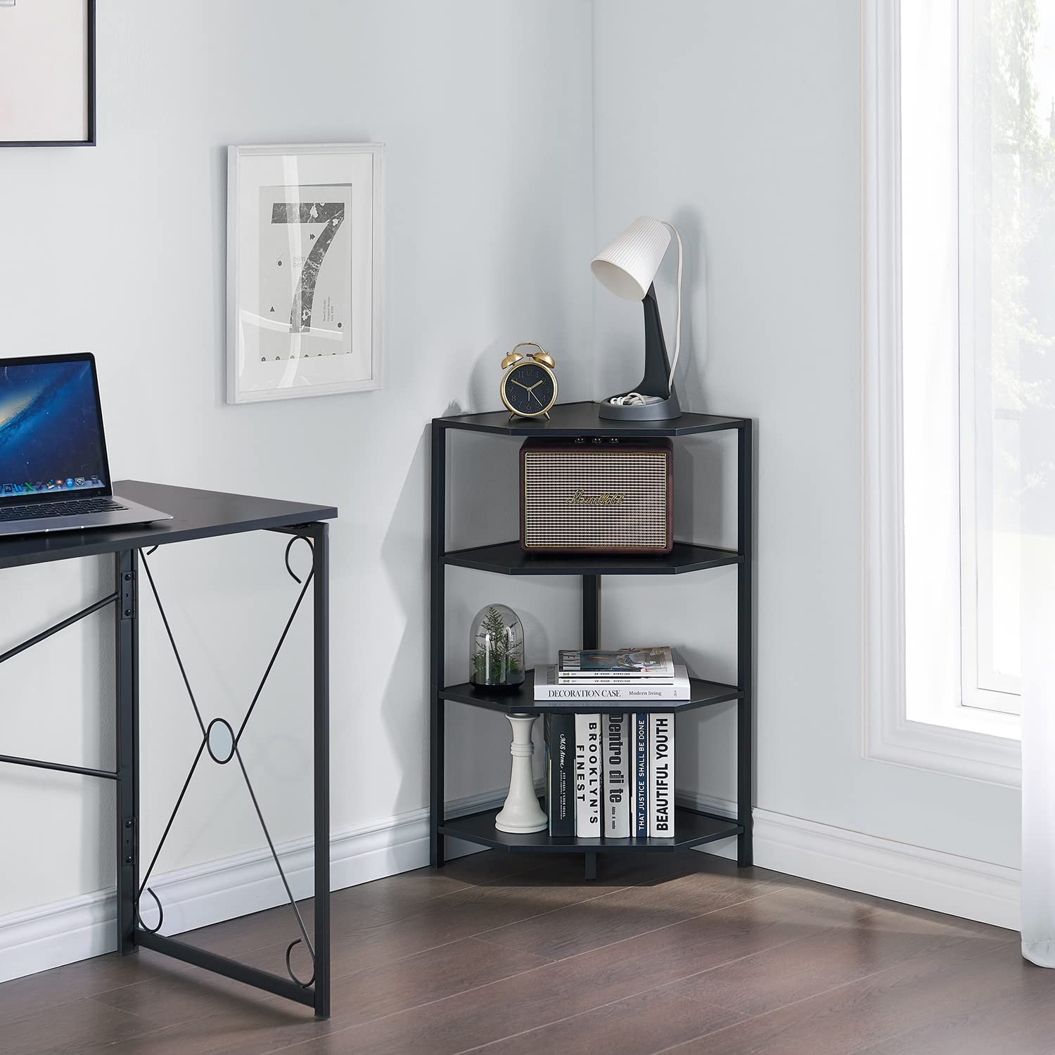 VECELO 31 Inch Corner Shelf - 4-Tier Wood & Metal Display Shelves for Small Spaces - Sturdy Storage Stand for Home Office, Living Room, Bedroom - Black Multipurpose Shelving Unit - Perfect for Books, Plants & Decorative Items