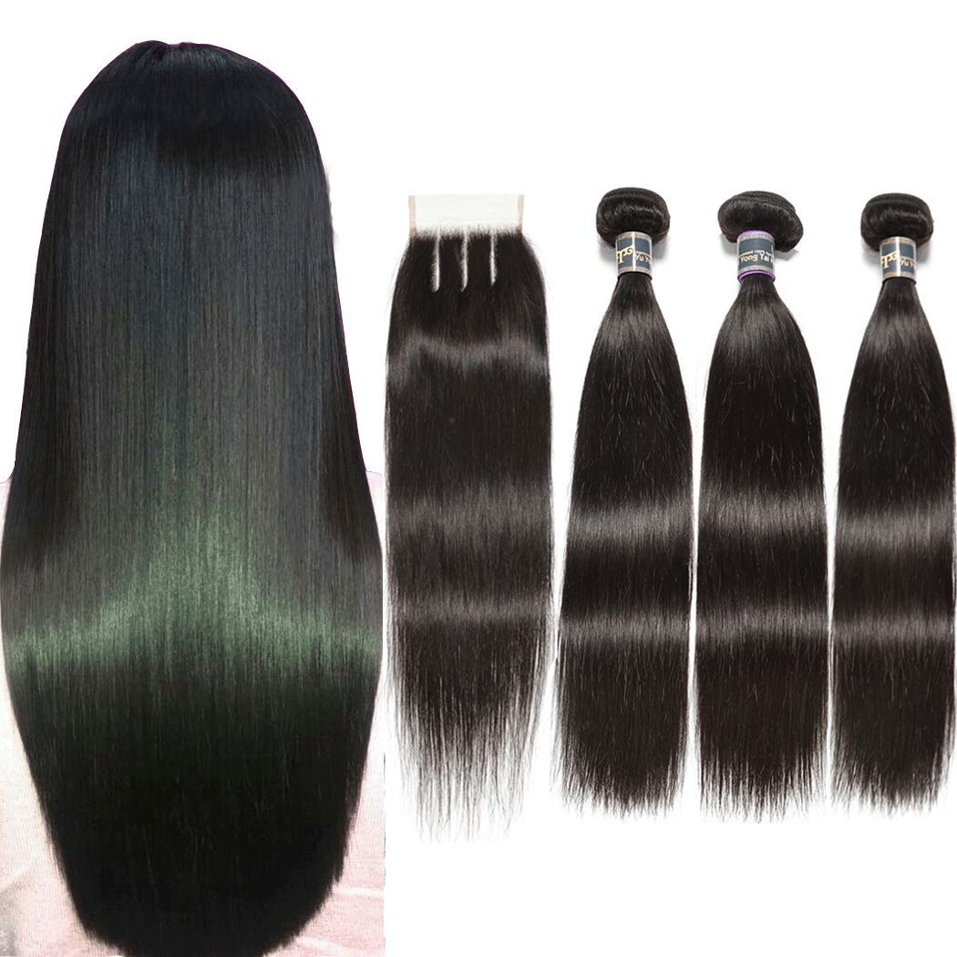 100% Unprocessed Malaysian Virgin Straight Human Hair Bundles with Closure - 20 22 24 +18 Inch (3 Pieces, 1B Color) | Natural Straight Weave Hair Extensions for Daily Styling, Salon Looks & Special Occasions