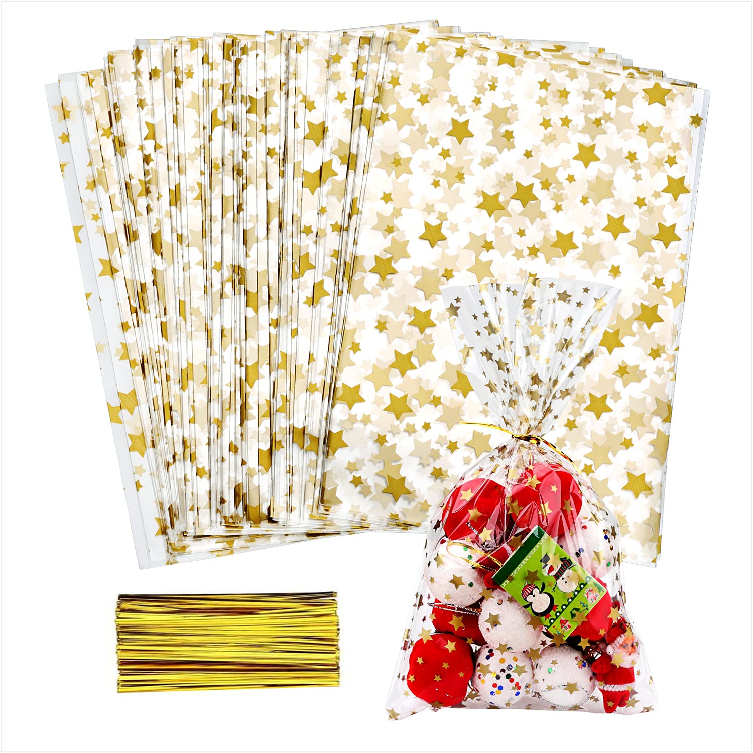 100 Pack Clear 4x9 Inch Cellophane Gift Bags with Twist Ties - 1.3 Mil Thick Poly Bags for Cookies, Candies, Bakery Treats & Party Favors | Gold Star Printed Wrapping Bags for Christmas, Birthday Gifts & Wedding Favors