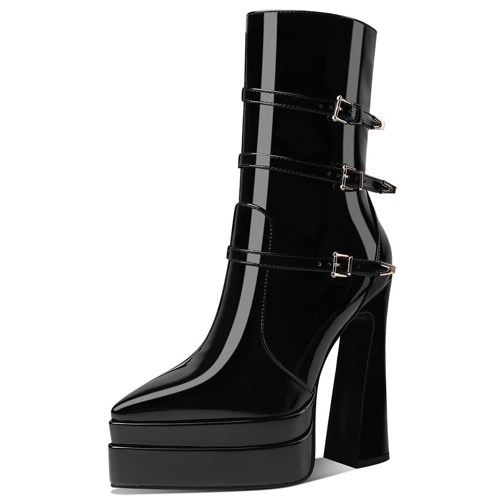 Artrotter Women's Pointed Toe Platform Boots - Buckle High Heel Combat Boots with Side Zipper, Double Stacked Chunky Heel Ankle Booties for Night Out, Party & Streetwear Fashion