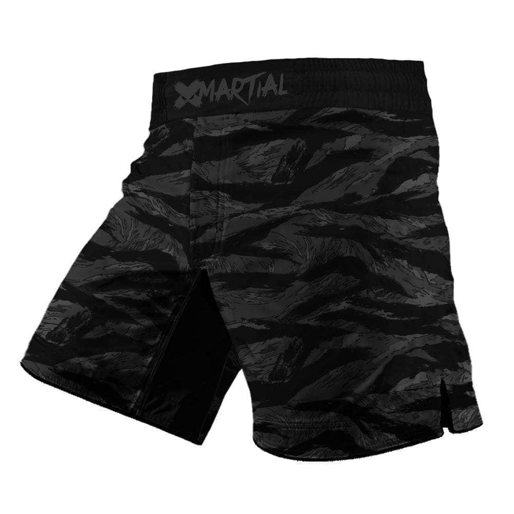 Kids MMA Shorts - Black Tiger Camo X Tech 25 Series - Lightweight & Durable Training Shorts for Youth Martial Arts, MMA, BJJ & Kickboxing - Perfect for Competition & Gym Workouts