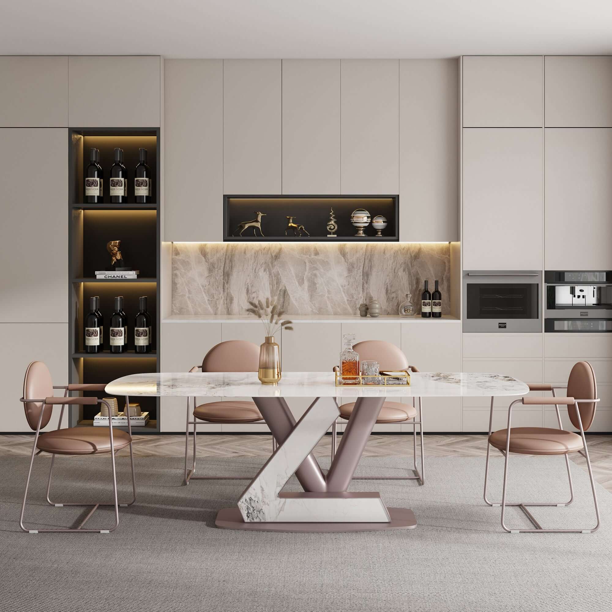 Luxury Oval Marble Dining Table for 6 - Durable Sintered Stone Tabletop - Perfect for Modern Dining Rooms & Open-Concept Kitchens