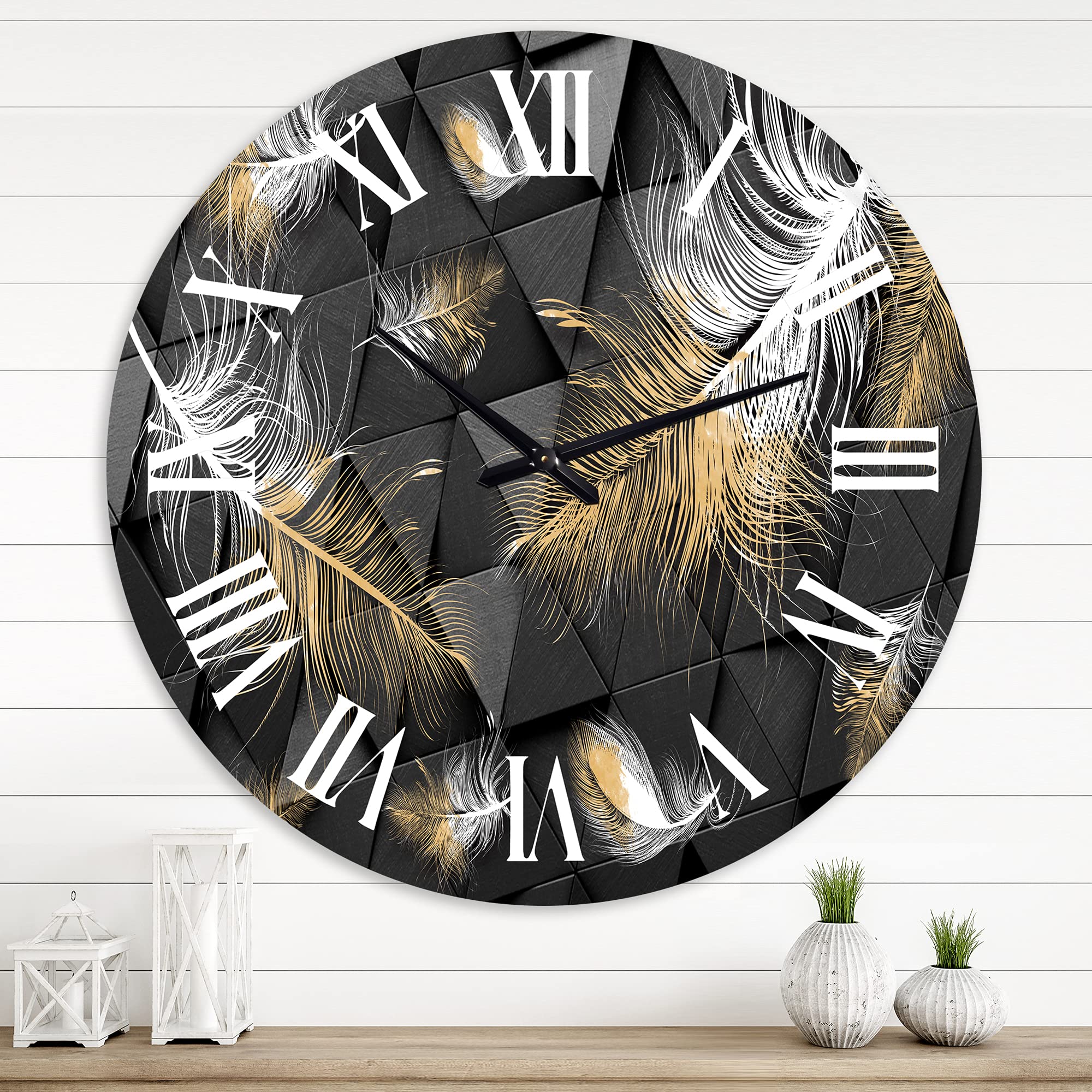 DesignQ Modern White and Gold Feather Wall Clock - Large Triangular Floral Botanical Decor for Bedroom, Living Room, Office | Silent Non-Ticking Home & Office Décor