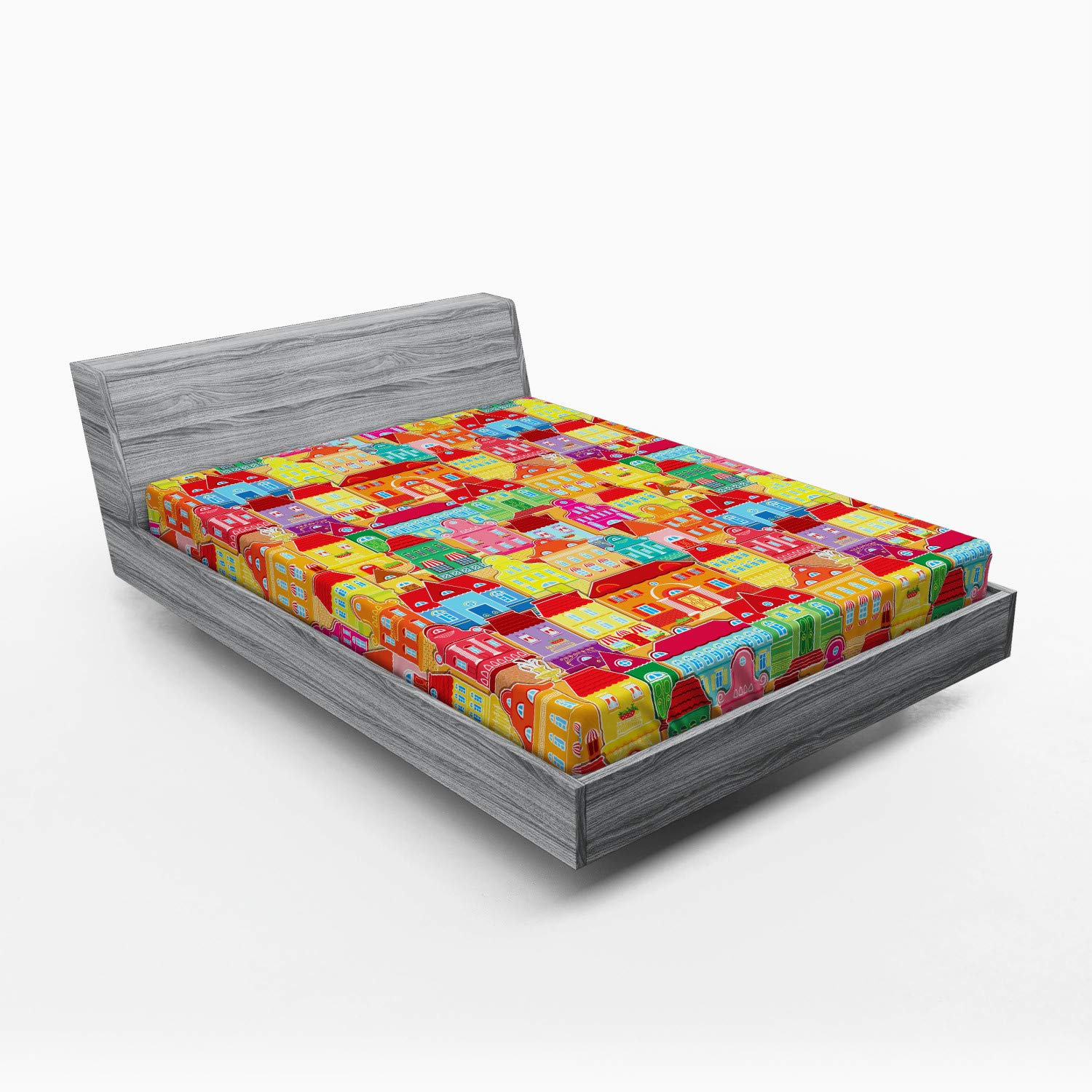 Ambesonne Cartoon Cityscape Fitted Sheet - European Architecture Art with Pillars & Fountains, Urban View Design - Deep Pocket Queen Size Bed Sheet for Comfort - Perfect for Kids' Rooms, Guest Bedrooms & Modern Home Decor