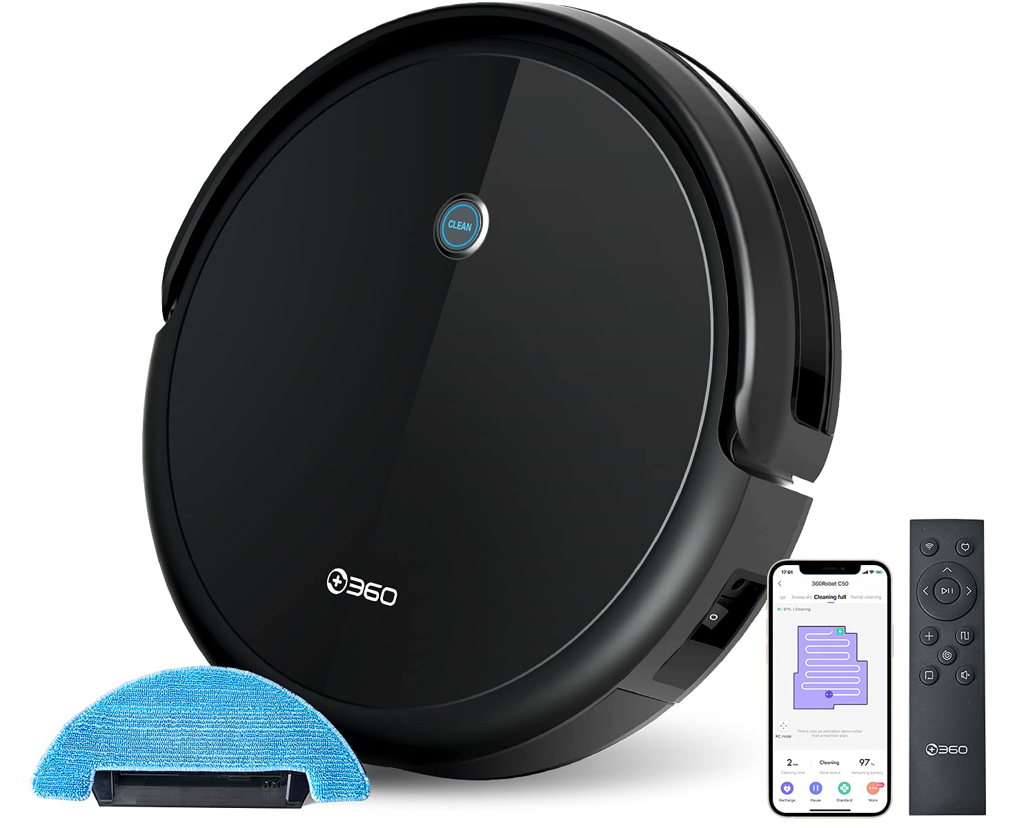 360 C50 Robot Vacuum and Mop - 2600 Pa Powerful Suction, Zigzag & Scheduled Cleaning, Edge & Spot Deep Cleaning, Alexa & Google Assistant Compatible, Black - Ideal for Hardwood Floors & Pet Hair Removal