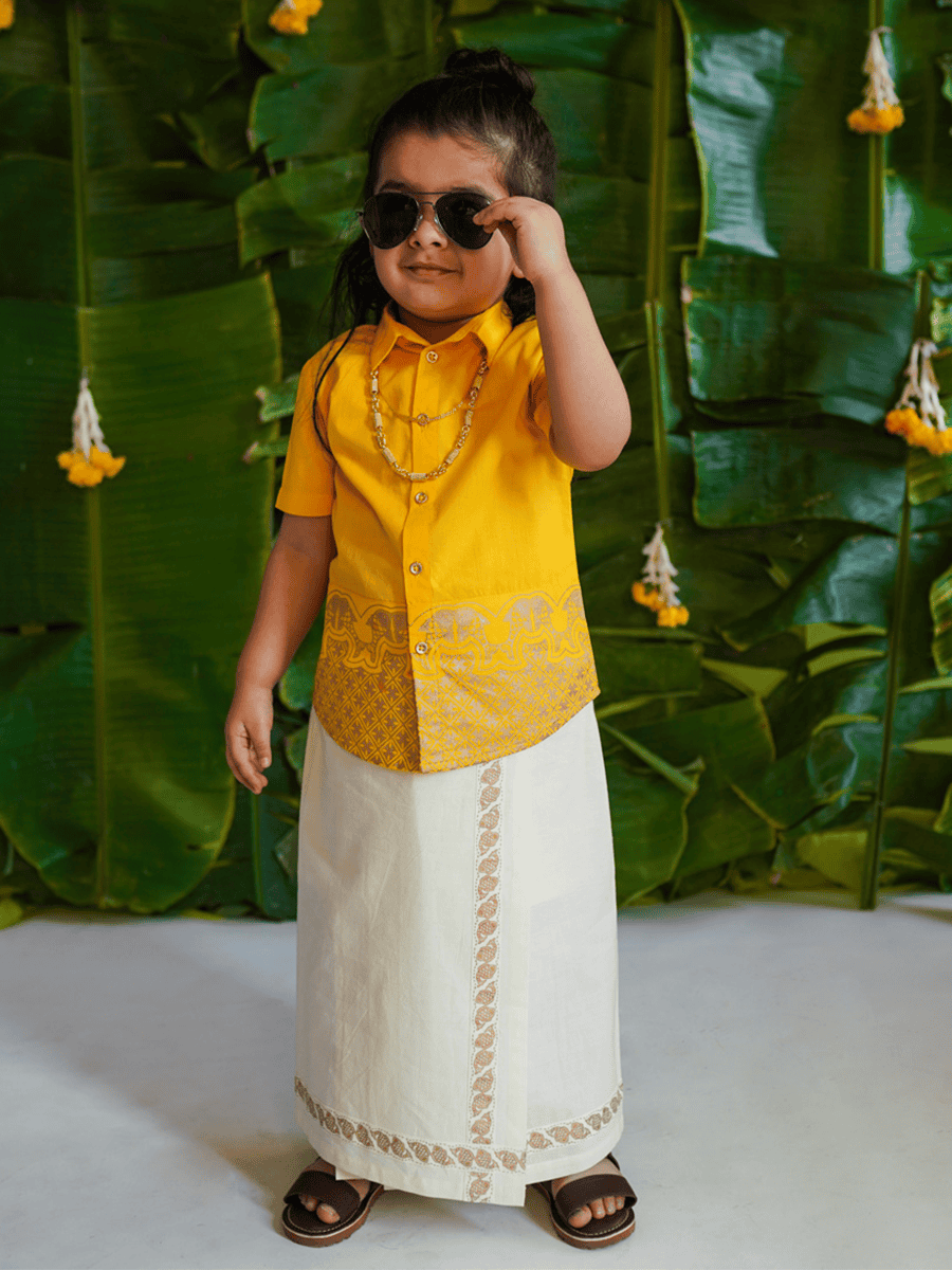 Boys Mundu Dhoti Shirt Set - Traditional Indian Yellow Ethnic Wear for Kids | Perfect for Festivals, Weddings & Cultural Events