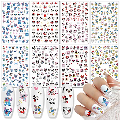 8 Sheets Cute Cartoon Nail Art Stickers - Self Adhesive Nail Decals with Anime Mouse & Duck Designs for Women, Girls & Kids - DIY Manicure Tips for Parties, Holidays & Everyday Fashion