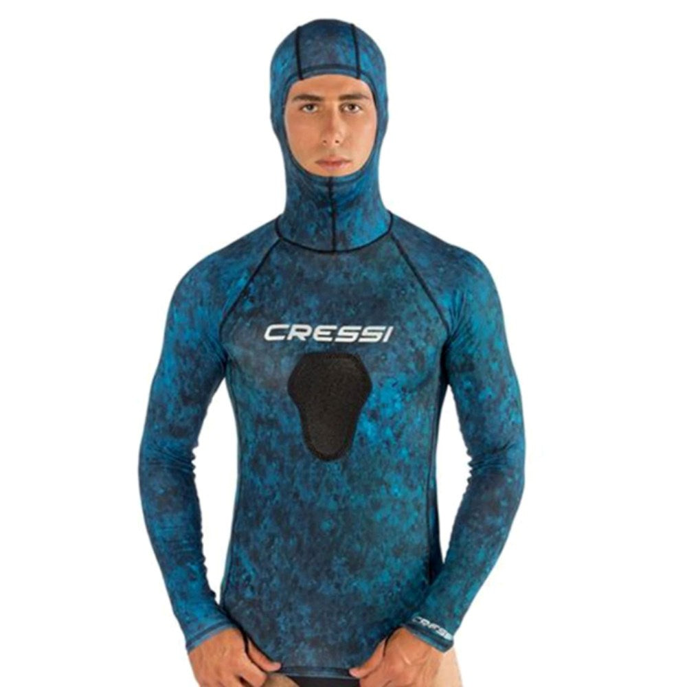 Cressi Blue Hunter Skin Hooded Camo Top for Men - Scuba Diving, Spearfishing & Water Sports Gear
