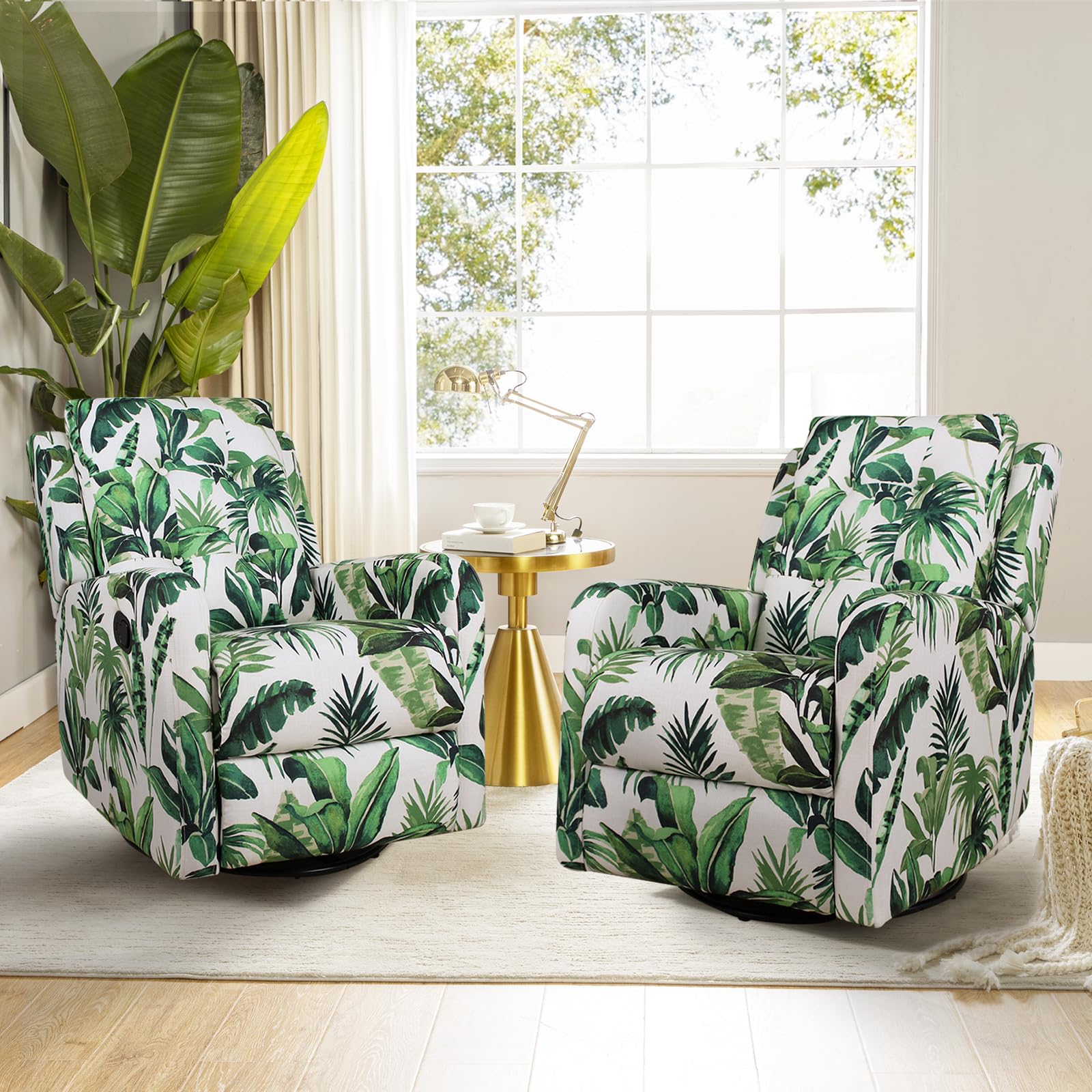 HULALA HOME 2-Piece Recliner Chair Set - Modern Printed Fabric Living Room Rocking Recliner Sofa with 360° Swivel, Adjustable Backrest & Footrest - Comfortable Armchair for Nursery, Bedroom & Lounge (Green) - Perfect for Relaxing, Reading & Watching TV
