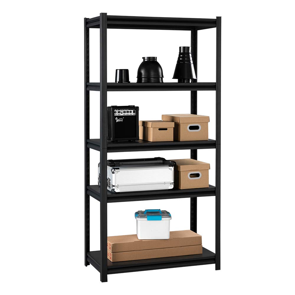 Heavy Duty 5-Tier Metal Storage Shelves - Adjustable Steel Frame Organizer for Garage, Warehouse & Home (Black) - Perfect for Storing Tools, Books & Household Items