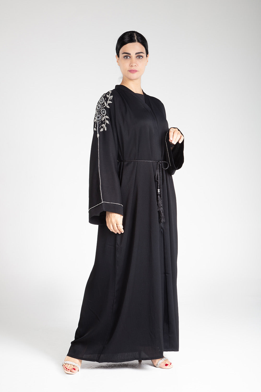 Elegant Black Floral Open Abaya for Women - Modest Muslim Prayer Dress, Evening Wear & Special Occasions