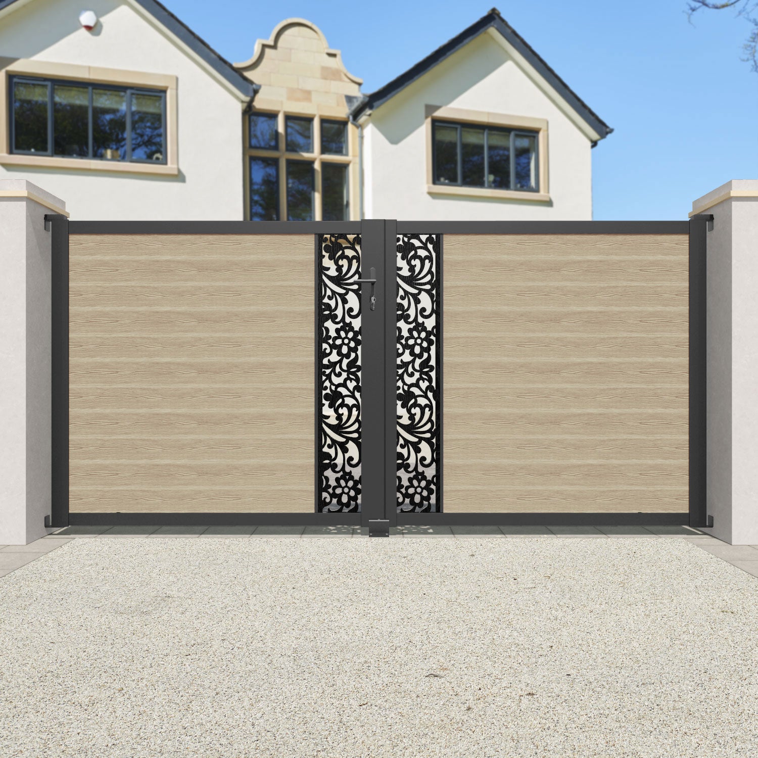 Classic Eden Straight Top Driveway Gate in Light Oak with Middle Screen - Durable Wooden Driveway Gate for Enhanced Privacy and Security, Perfect for Residential Homes, Gardens, and Estate Entrances
