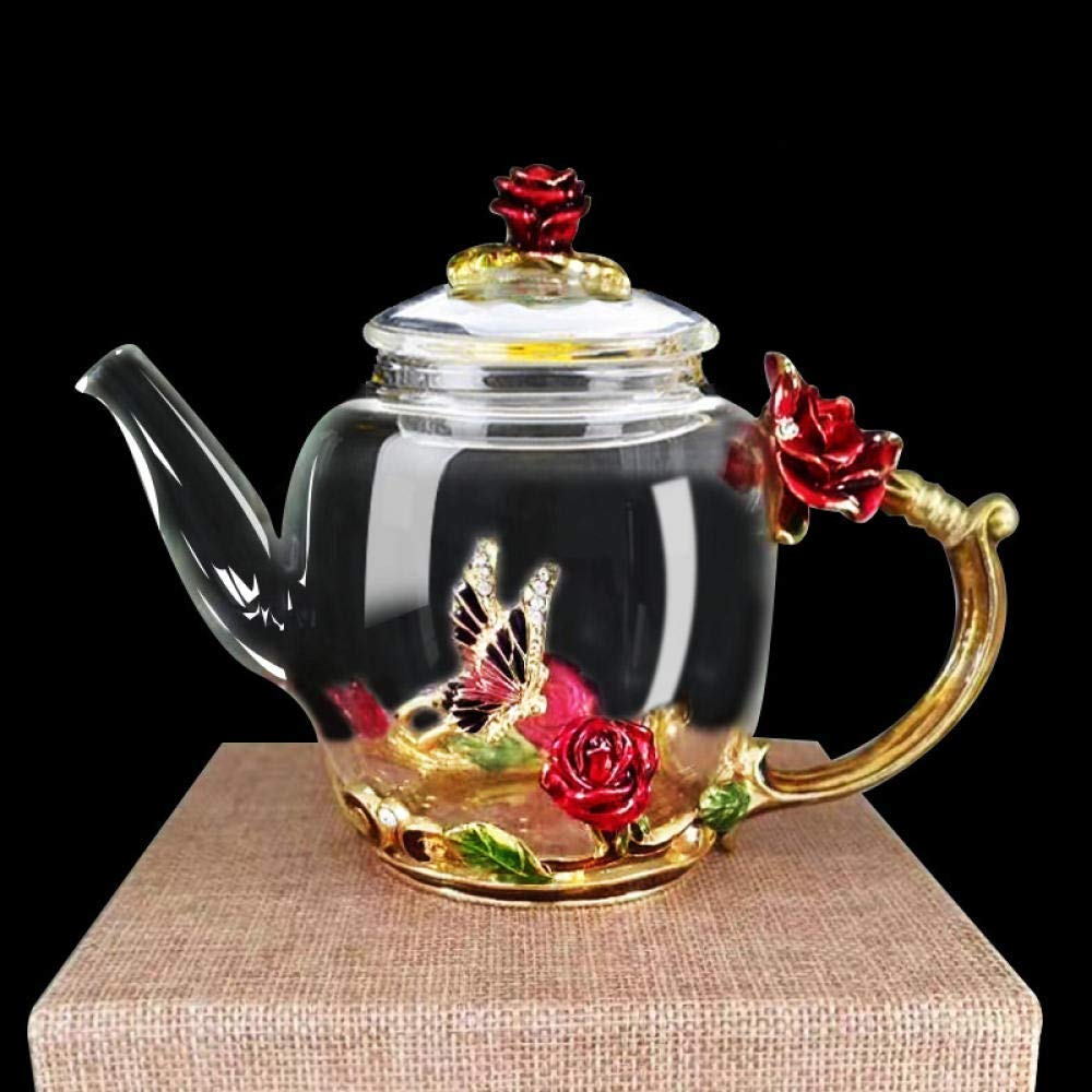 Premium Heat-Resistant Glass Teapot with Rose Crystal Design - Chinese Style Glass Kettle for Loose Leaf Tea, Herbal Tea & Blooming Tea - Perfect for Home, Office & Tea Ceremonies