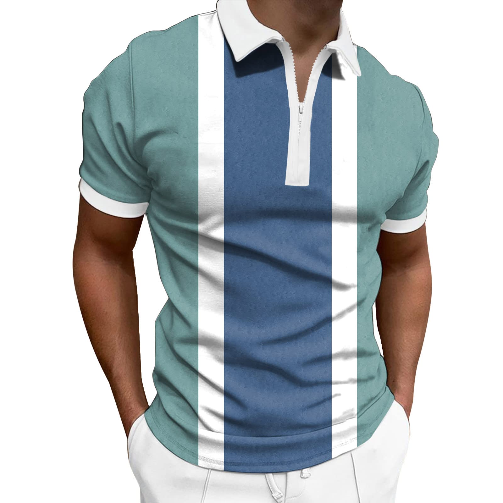Men's Geometric Print Short Sleeve T-Shirt - Stylish Lapel Zipper Design for Spring & Summer | Casual Wear, Street Fashion, and Everyday Outfits