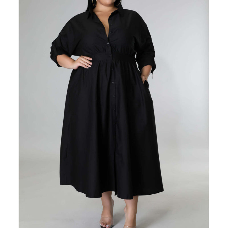 Plus Size Solid Color Long Sleeve Shirt Dress for Women - Casual Office Wear & Everyday Outfit