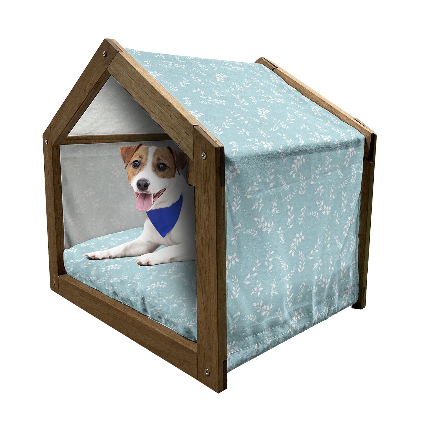 Ambesonne Wooden Pet House for Small Dogs - Blooming Branches with Delicate Leaves Design, Indoor & Outdoor Portable Dog Kennel with Pillow & Cover - Pale Blue & White - Perfect for Home, Garden & Patio Use