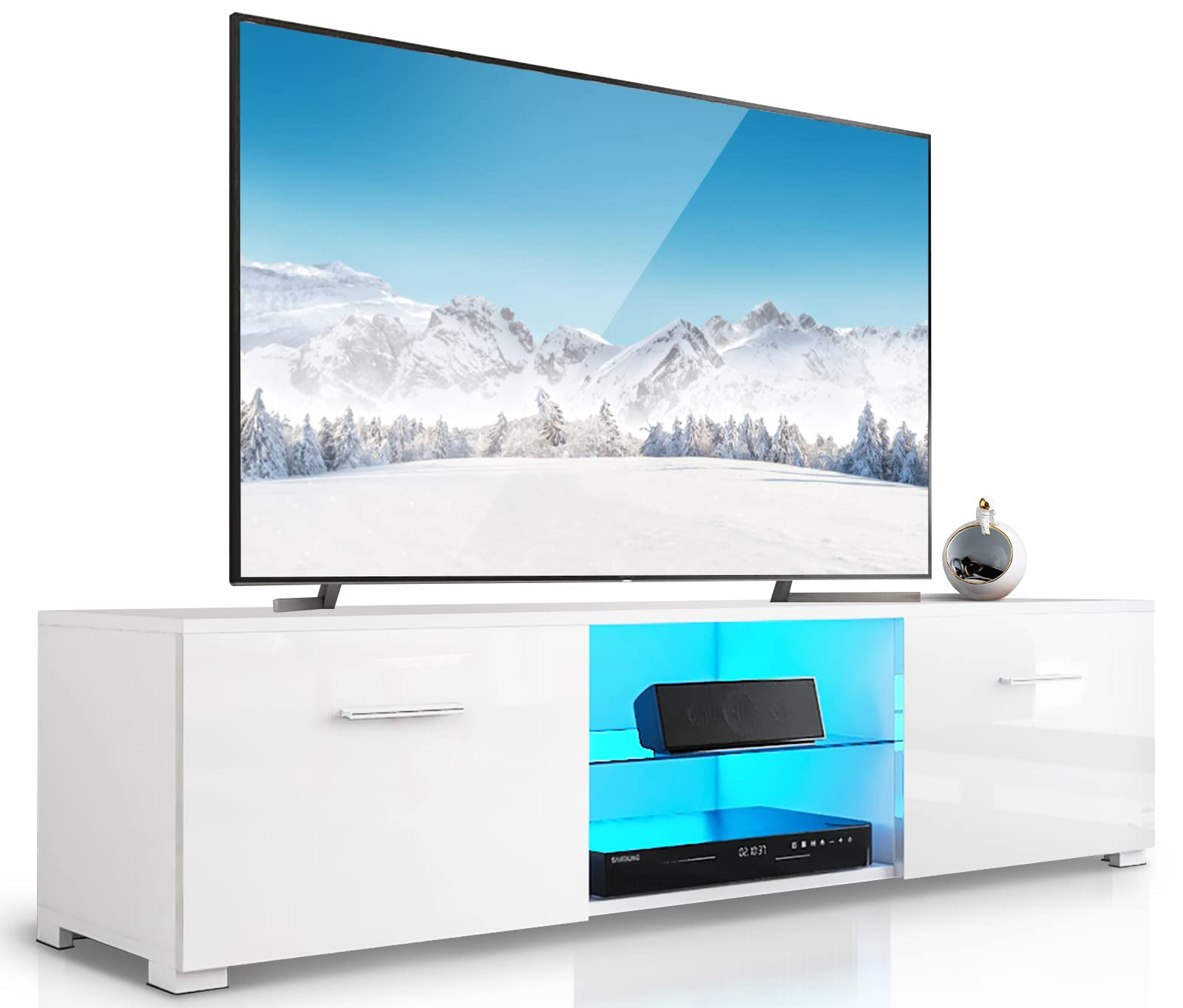 Modern White Hommpa LED TV Stand for 65 Inch TVs - High Gloss Entertainment Center with Storage, 2 Drawers & Open Glass Shelf - Media Console Table for Living Room & Bedroom (Perfect for Home Theater Setup & Stylish Home Decor)