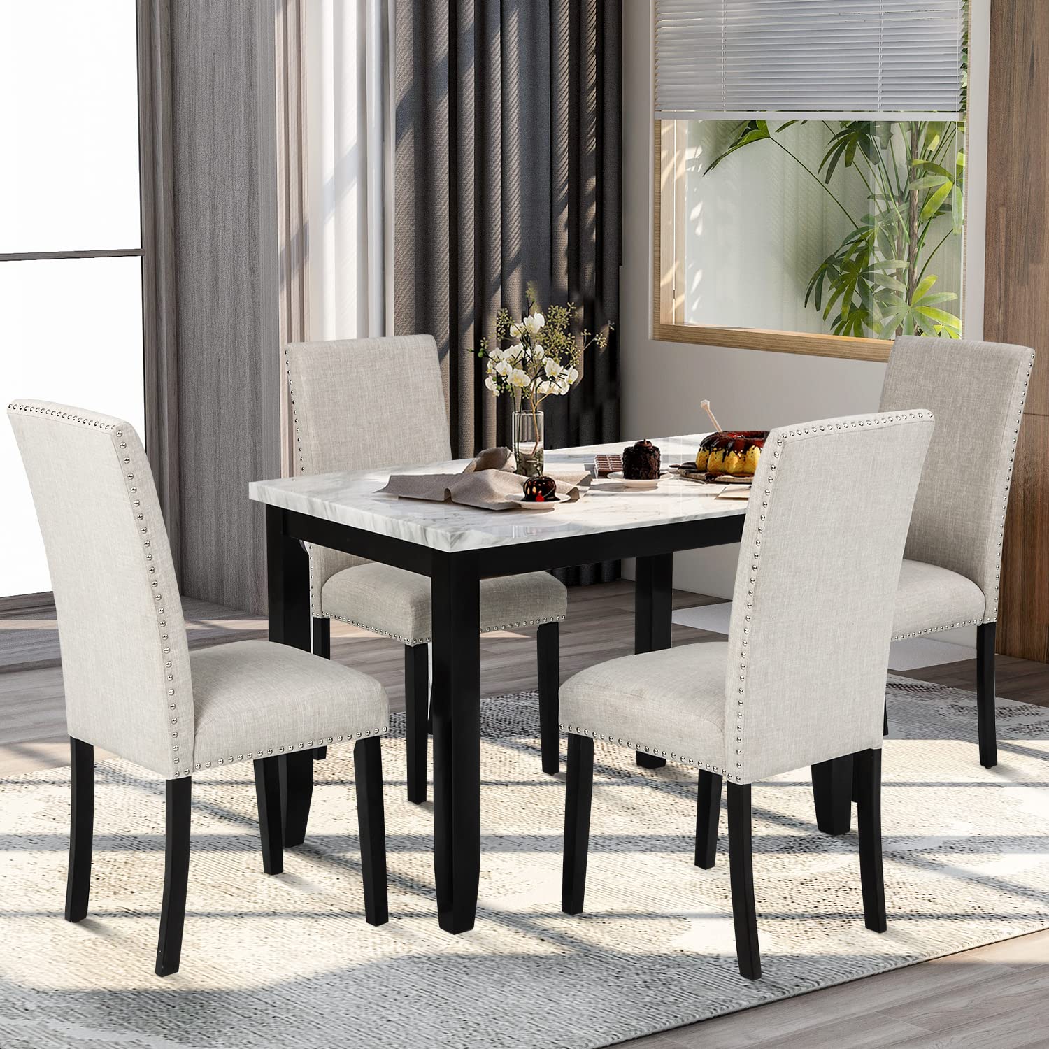 LZ LEISURE ZONE 4-Piece Wooden Dining Table Set with Chairs - White/Beige Kitchen & Home Furniture for Small Spaces, Breakfast Nook, Apartment Dining