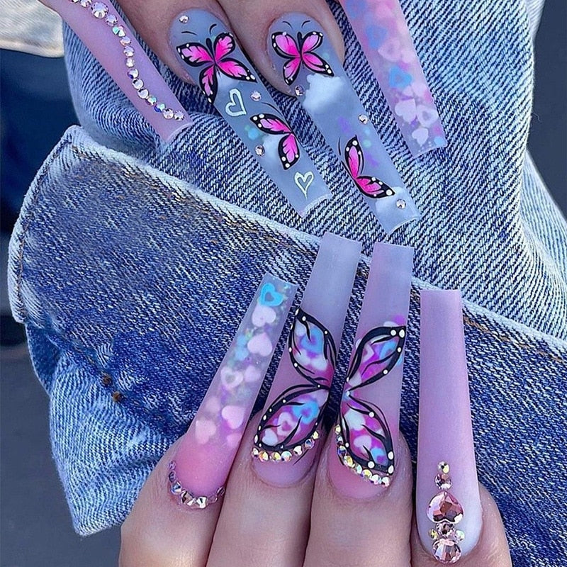 3D Fake Nails with Rainbow Butterfly & Diamond Glitters - Long French Coffin Press On False Nails - Perfect for Parties, Weddings, and Special Occasions
